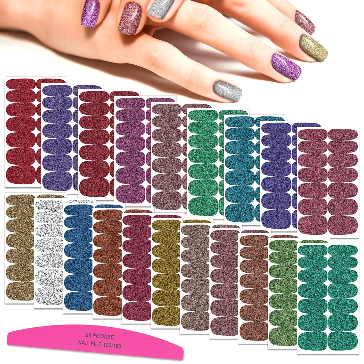 SILPECWEE 20 Sheets Glitter Nail Polish Strips - Self-Adhesive Nail Wraps with Nail File | DIY Nail Art Stickers for Women | Perfect for Parties, Weddings & Home Manicures