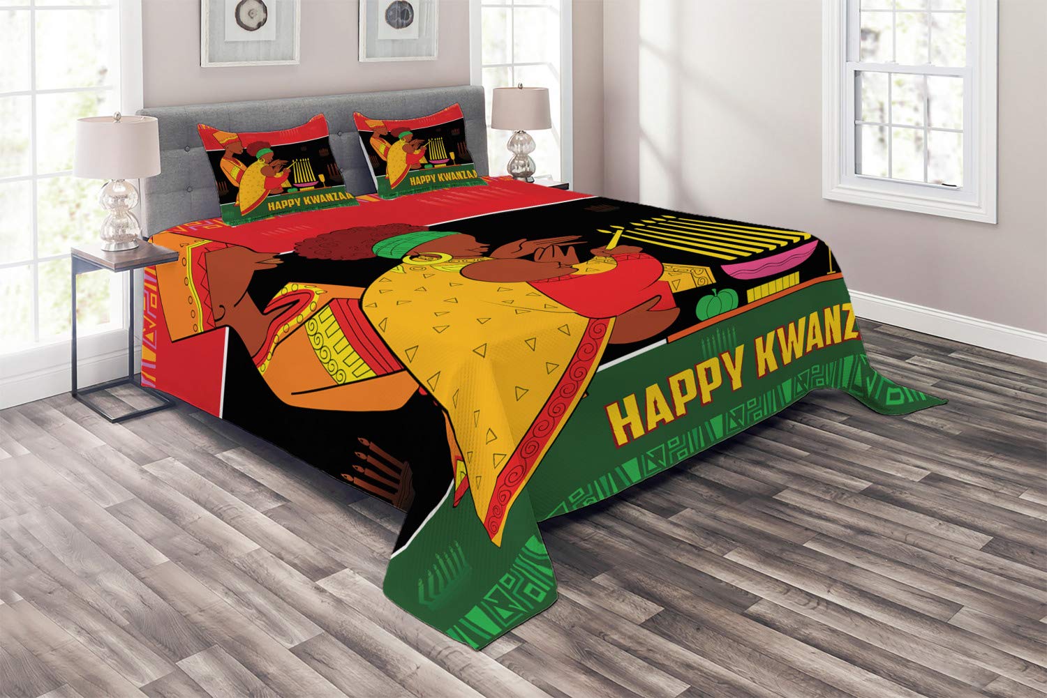 Ambesonne African American Family Quilt Set - Happy Kwanzaa Celebration Bedspread with Calligraphic Design, 3-Piece Queen Size Quilted Coverlet & 2 Pillow Shams, Multicolor - Perfect for Holiday Decor & Cultural Home Styling