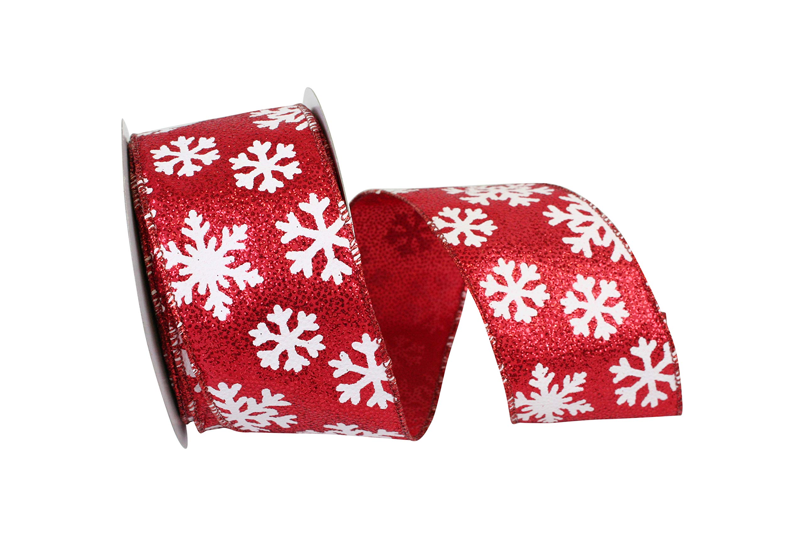 Reliant Ribbon White Snowflake Red Glitter Wired Edge Ribbon - 2.5 Inch x 10 Yards, Red & White - Perfect for Christmas Gift Wrapping, Holiday Decorations, and DIY Craft Projects
