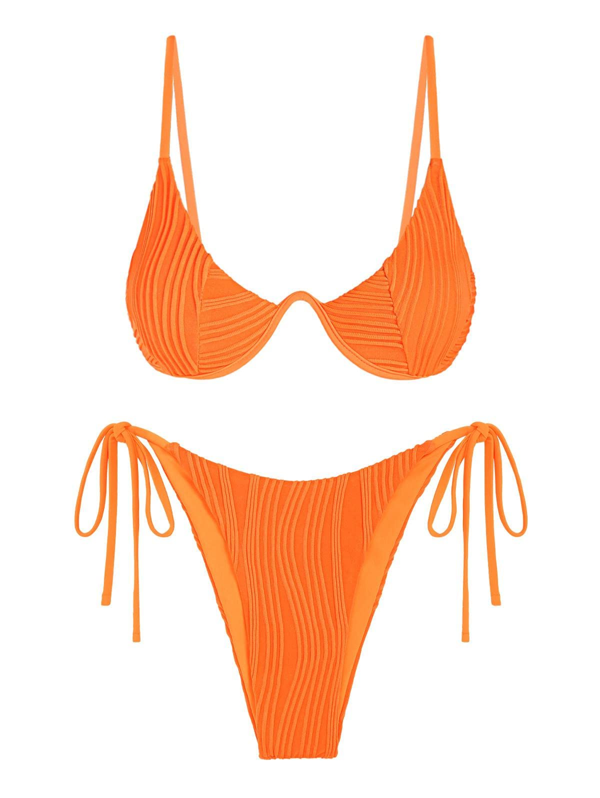 ZAFUL Women's Sexy V Notch High Cut Underwire Bikini Set - Ribbed Textured Swimwear with Tie Side for Beach, Pool & Vacation