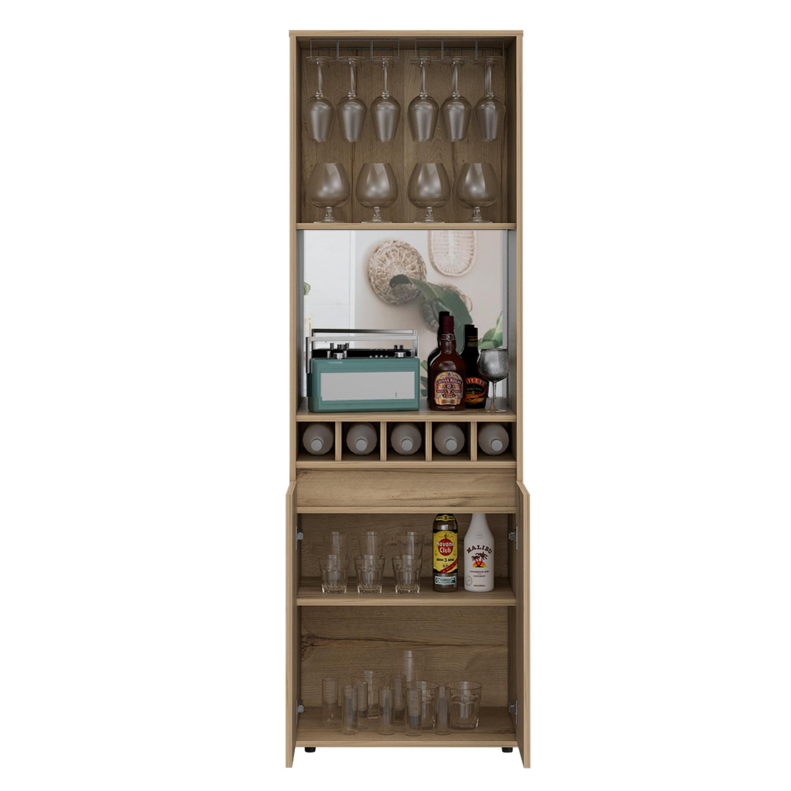 Tuhome Prana Bar Cabinet with 2 Shelves & 5-Bottle Wine Rack - Light Oak Double Door Storage for Living Room, Dining Room or Home Bar