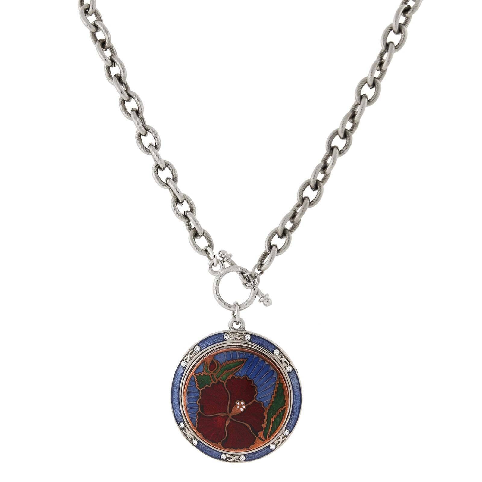 Vintage 1928 Floral Enamel Medallion Necklace - Blue & Red Toggle Pendant Jewelry for Women | Perfect for Boho Chic Outfits, Parties & Special Occasions
