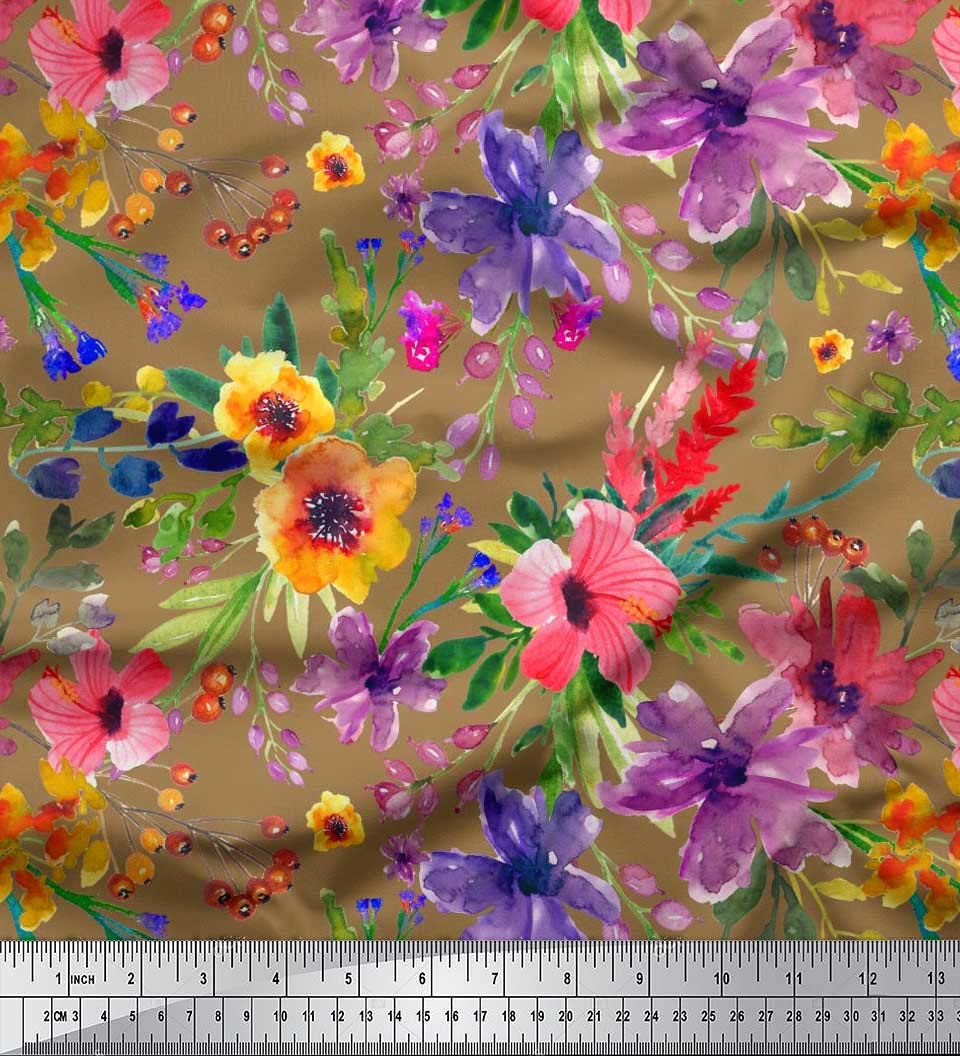 Soimoi Crepe Silk Fabric - Watercolor Floral & Leaf Print - 42 Inch Wide Sewing Material for Dresses, Scarves & DIY Crafts
