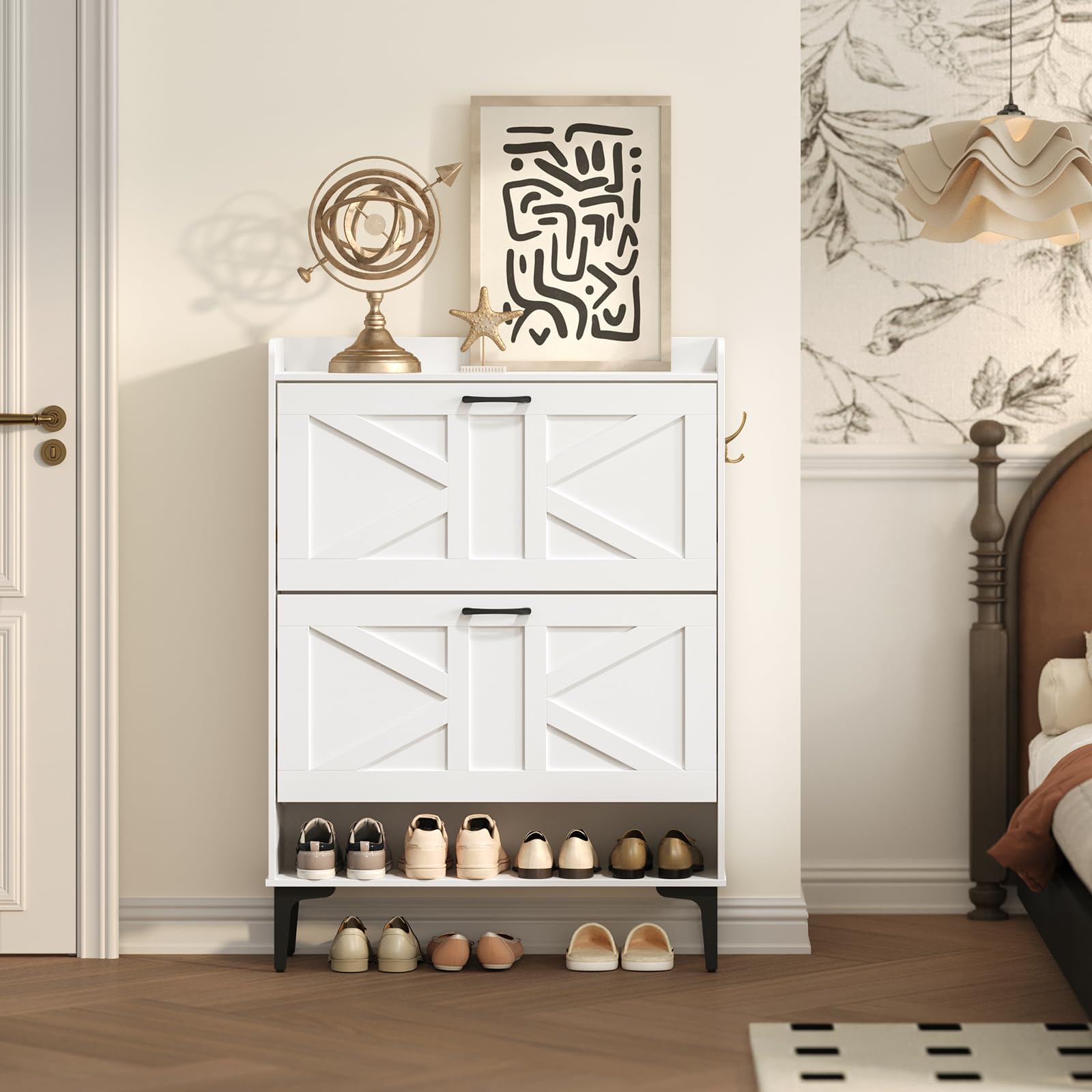 White Shoe Storage Cabinet with 2 Flip Drawers - Hidden & Open Entryway Organizer for Shoes, Boots & Accessories | Freestanding Closet Storage Solution for Hallway, Mudroom or Bedroom (Model SHWT9401)