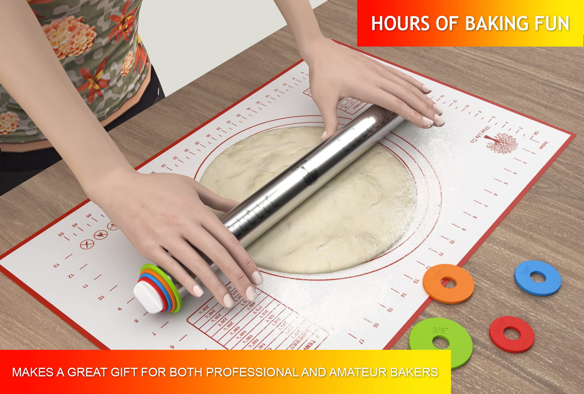 **Adjustable Thickness Rolling Pin & Non-Slip Silicone Baking Mat Set – Stainless Steel Dough Roller for Fondant, Pizza, Pasta, Cookies – Perfect for Home Bakers & Professional Chefs**    *(Use Case: Ideal for rolling dough, baking pastries, crafting fondant decorations, and making homemade pizza or cookies with precision.)*