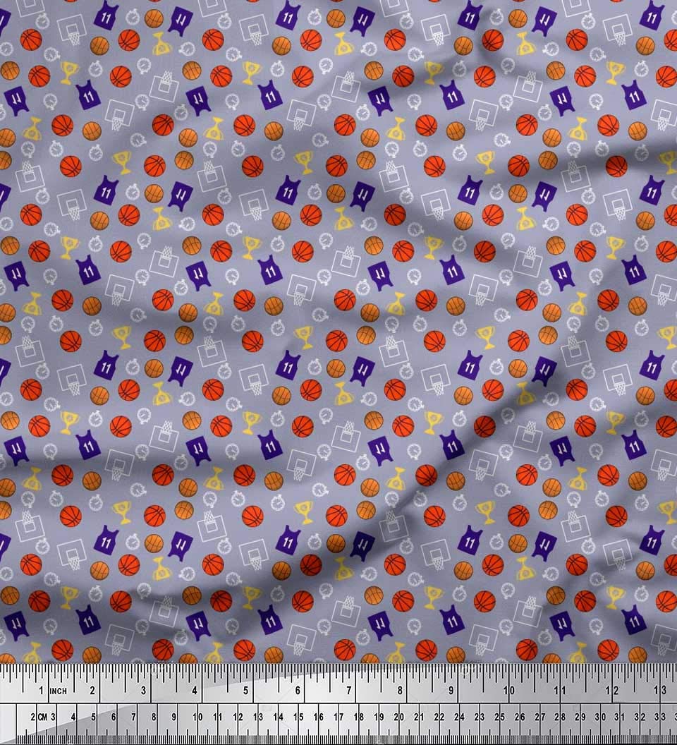 Soimoi Rayon Grey Fabric by The Yard - 42 Inch Wide - Sports Print with Trophy, Timer Clock & Basketball Design - Perfect for DIY T-Shirts, Quilting, and Home Decor Projects