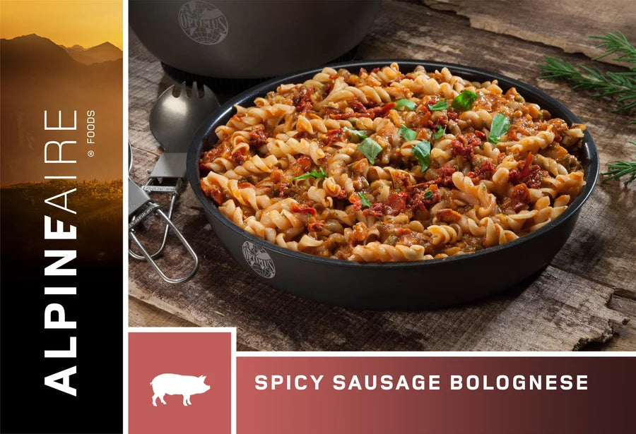AlpineAire Spicy Sausage Bolognese Pasta Sauce - Gluten Free, High Protein Backpacking & Camping Meal - Perfect for Hiking, Emergency Food Supply & Outdoor Adventures