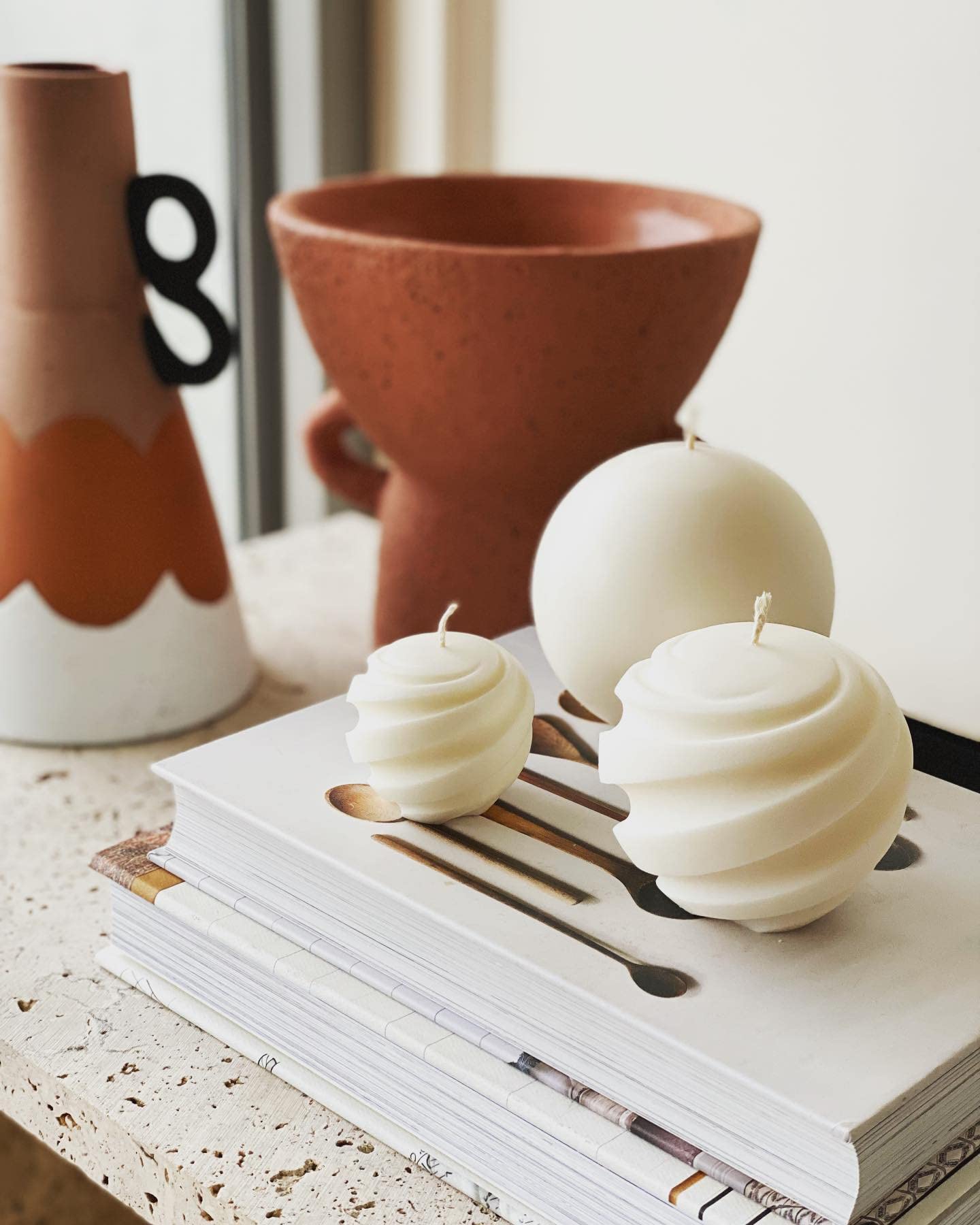 3.5 Inch Spiral Ball Scented Soy Wax Candles - Set of 3 White Wooden Aesthetic Cylinder Candles for Home Decor, Office, Floating Shelves | Pastel Danish Style Room Decorations, Relaxing Ambiance Gift Idea