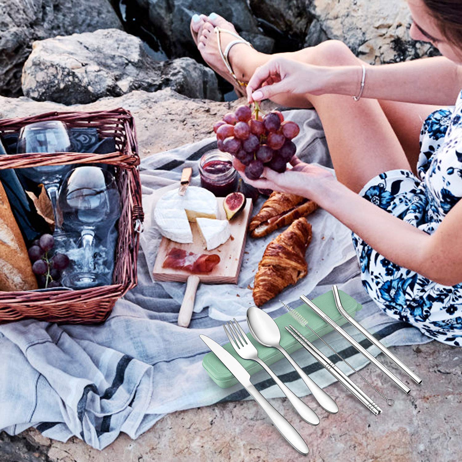LIANYU 9-Piece Stainless Steel Travel Utensil Set with Knife, Fork, Spoon, Chopsticks, Metal Straws & Cleaning Brush | Portable Green Case | Perfect for Camping, Picnics & On-the-Go Meals