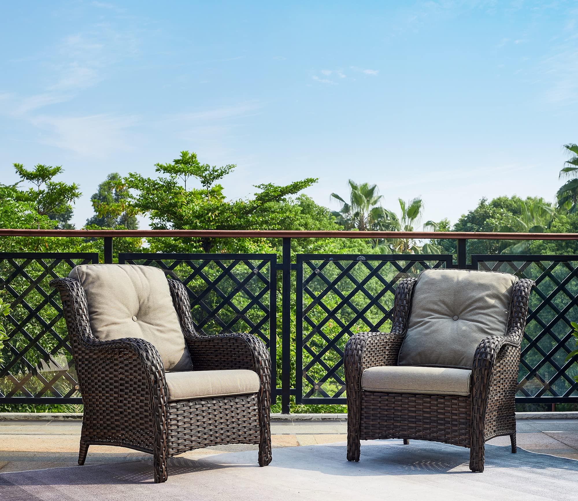 Outdoor Wicker Patio Chairs Set of 2 - Rattan Dining & Porch Chairs with High Back & Deep Seat, Brown/Grey - Perfect for Backyard, Garden & Poolside Relaxation