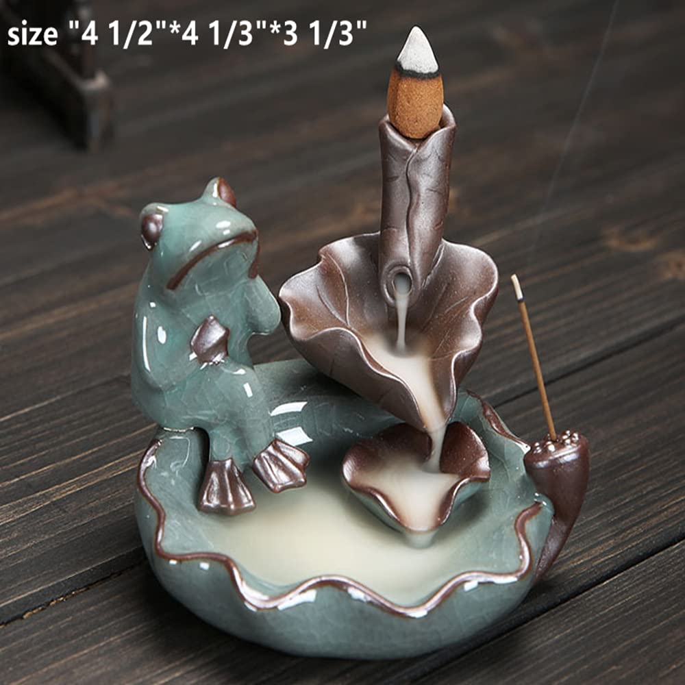 Ceramic Backflow Incense Burner with Waterfall Effect - Frog Shaped Lotus Censer for Aromatherapy, Home Decor, Office Desk | Relaxing Meditation, Yoga Room & Spa Decor Accessory
