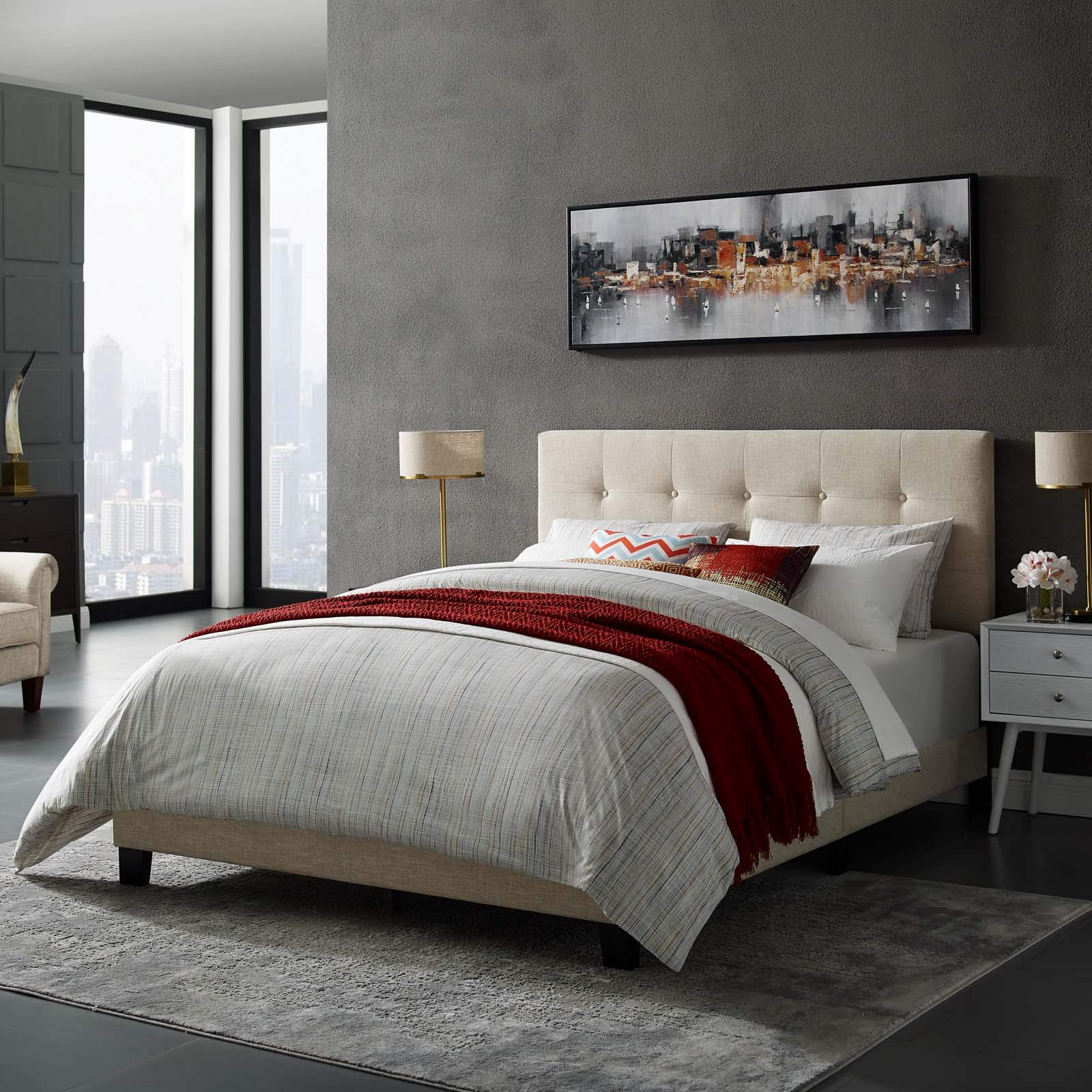 Modern Contemporary Urban Design Fabric Platform Bed Frame in Beige - Perfect for Minimalist and Scandinavian Style Bedrooms