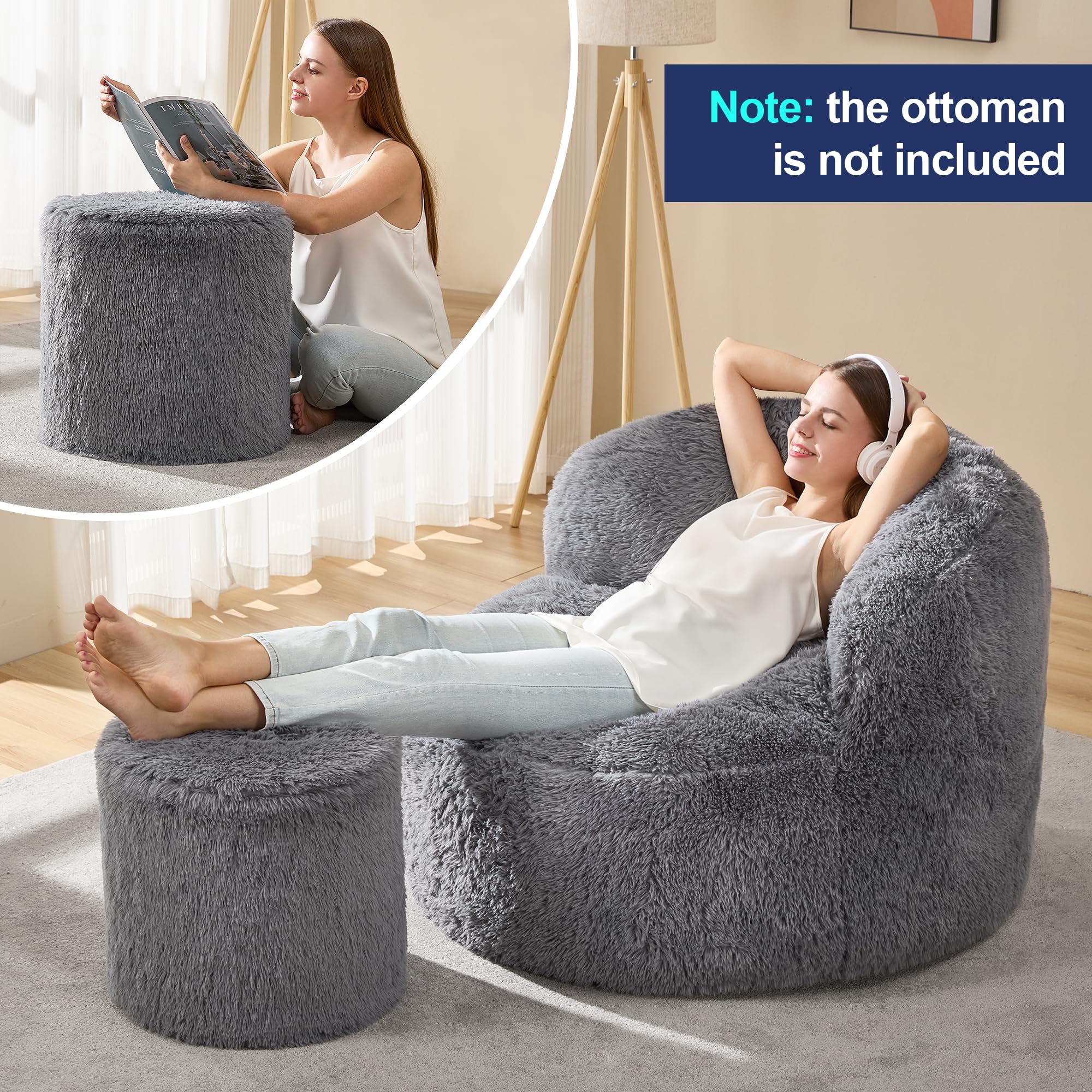 Extra Large Bean Bag Chair for Adults - Giant Foam Filled Lazy Sofa with Stuffed Back Support, Oversized Grey Beanbag - Perfect for Lounging, Gaming & Movie Nights in Living Room or Bedroom