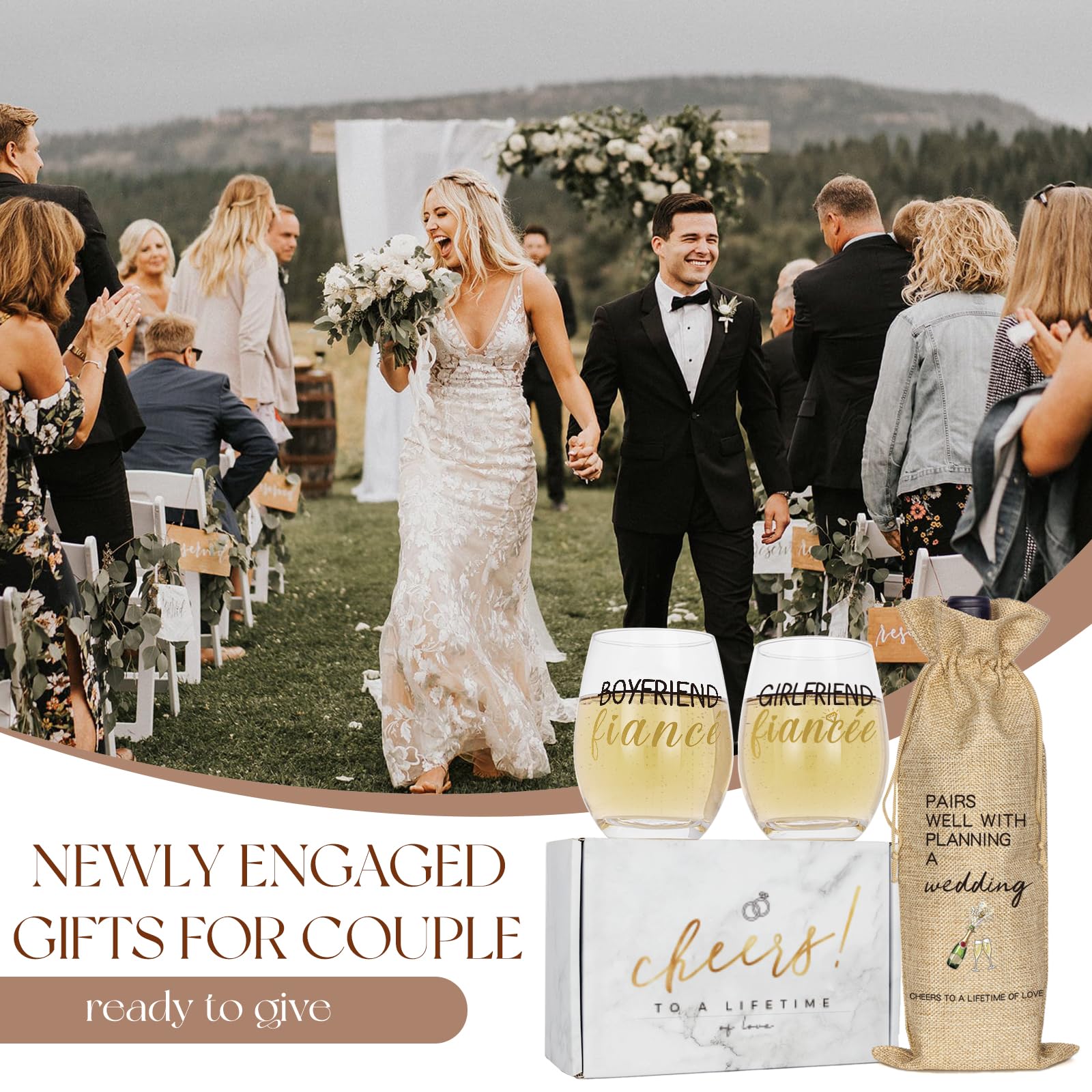 Romantic Wine Glass and Wine Bag Gift Set for Couples - Perfect Engagement, Wedding, Bridal Shower Gift for Him & Her - Ideal for Anniversaries, Valentine's Day and Newlywed Celebrations