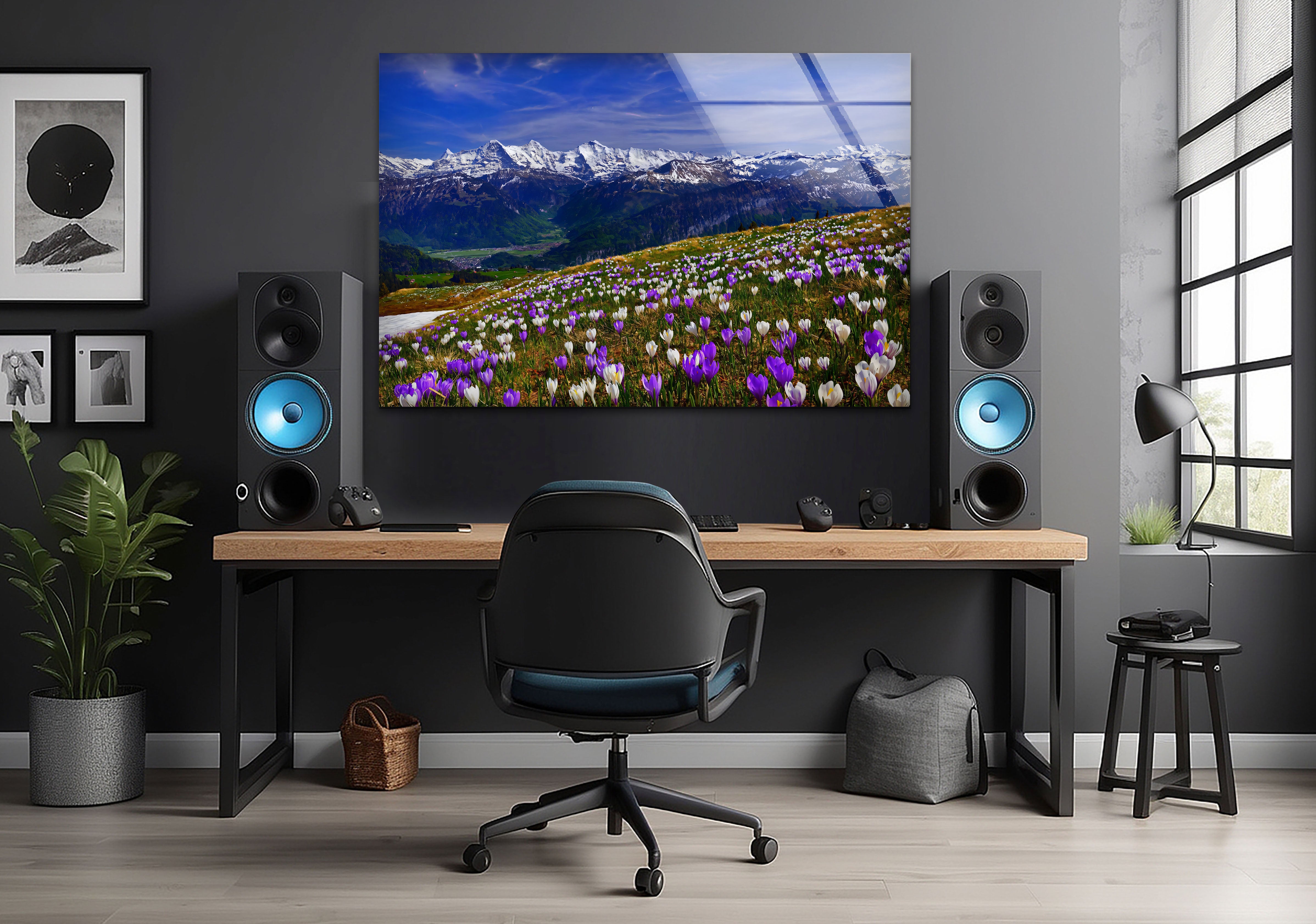 Alpine Meadow Glass Wall Art – Majestic Mountain & Blooming Wildflower Landscape Decor for Living Room, Bedroom & Office – Nature Inspired Home Décor