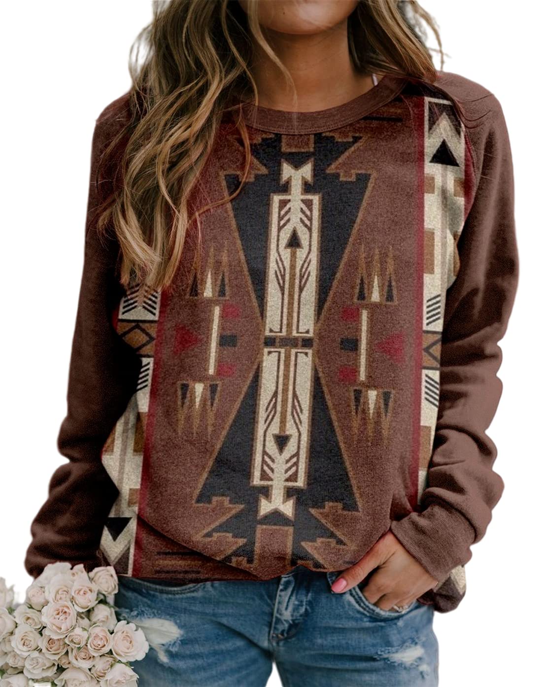 Aztec Sweatshirt Women - Retro Geometric Crewneck for Casual Wear