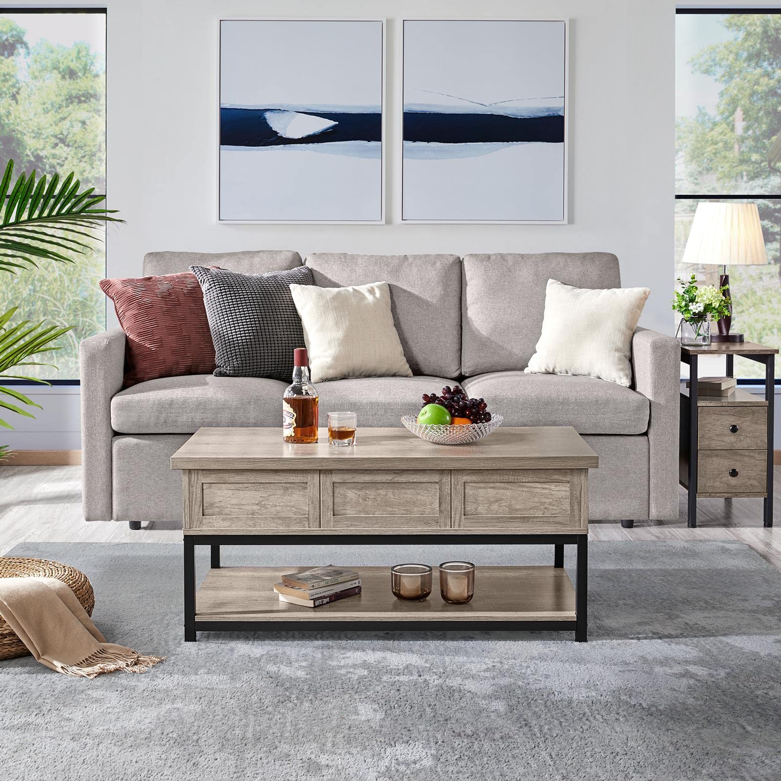 Yaheetech Lift Top Coffee Table with Hidden Storage & Open Shelf, Adjustable Height 18-23 Inches - Modern Gray Cocktail Table with Metal Frame for Living Room, Reception Area | Perfect for Entertaining, Remote Work & Small Space Living