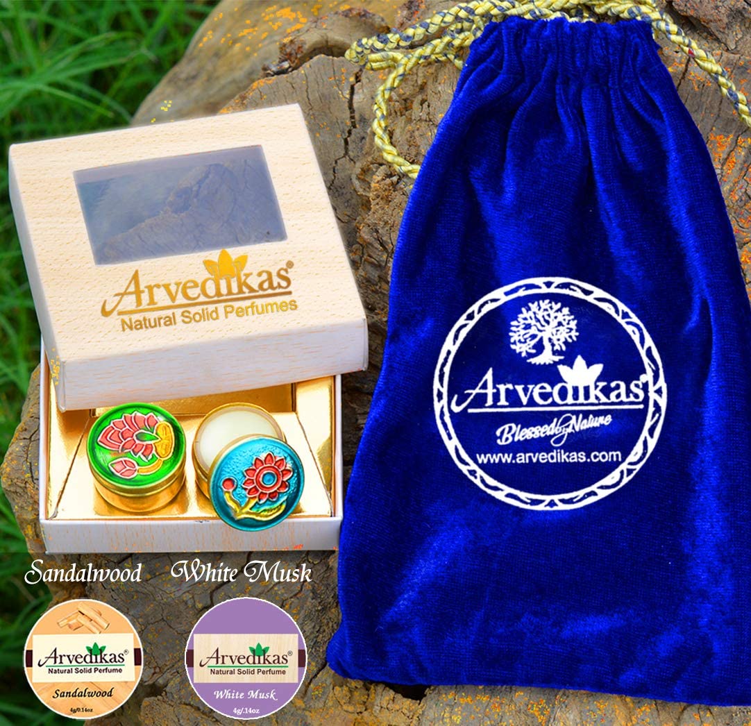 Natural Sandalwood & White Musk Solid Perfume for Women & Men – Long-Lasting Scent, Pocket-Sized in Handcrafted Brass Jars – Unique Gift Set of 2 – Perfect for Travel, Daily Wear & Special Occasions