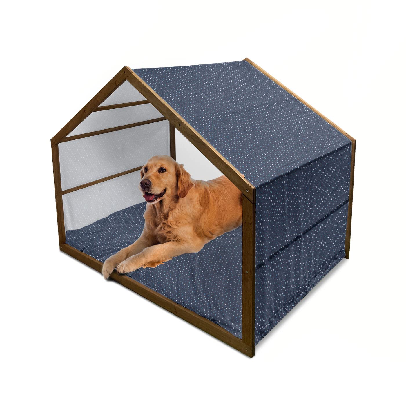 Ambesonne Indigo Wooden Dog House - Water Rain Drops Design on Dark Blue, Indoor & Outdoor Portable Pet Kennel with Pillow Cover, 2X-Large Size, Turquoise Pale Blue - Perfect for Backyard, Patio, or Home Decor