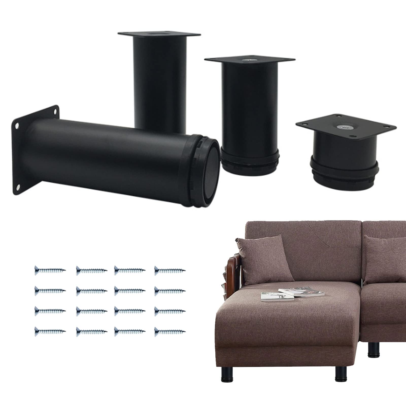 Jolan 4-Pack Adjustable Stainless Steel Furniture Legs - 6cm (2.4in) Black Replacement Feet for Tables, Cabinets, Sofas, Beds & Desks - Durable Kitchen & Bathroom Furniture Supports for Leveling & Stability