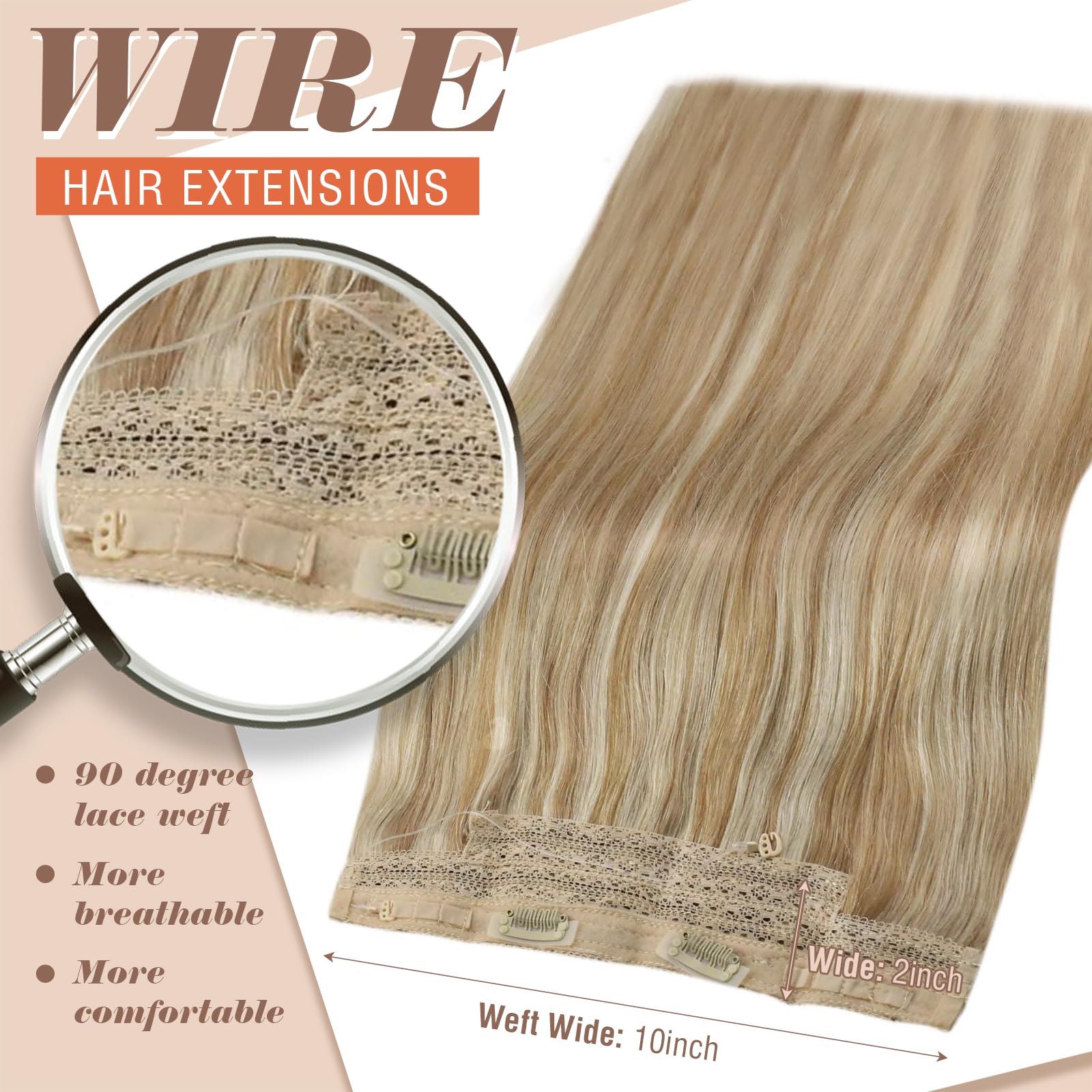 Sunny Hair Wire Hair Extensions - Caramel Blonde Highlights 14in 80g | Real Human Remy Hair with Transparent Lines & Hidden Wire | Perfect for Women's Daily Styling, Parties & Special Occasions