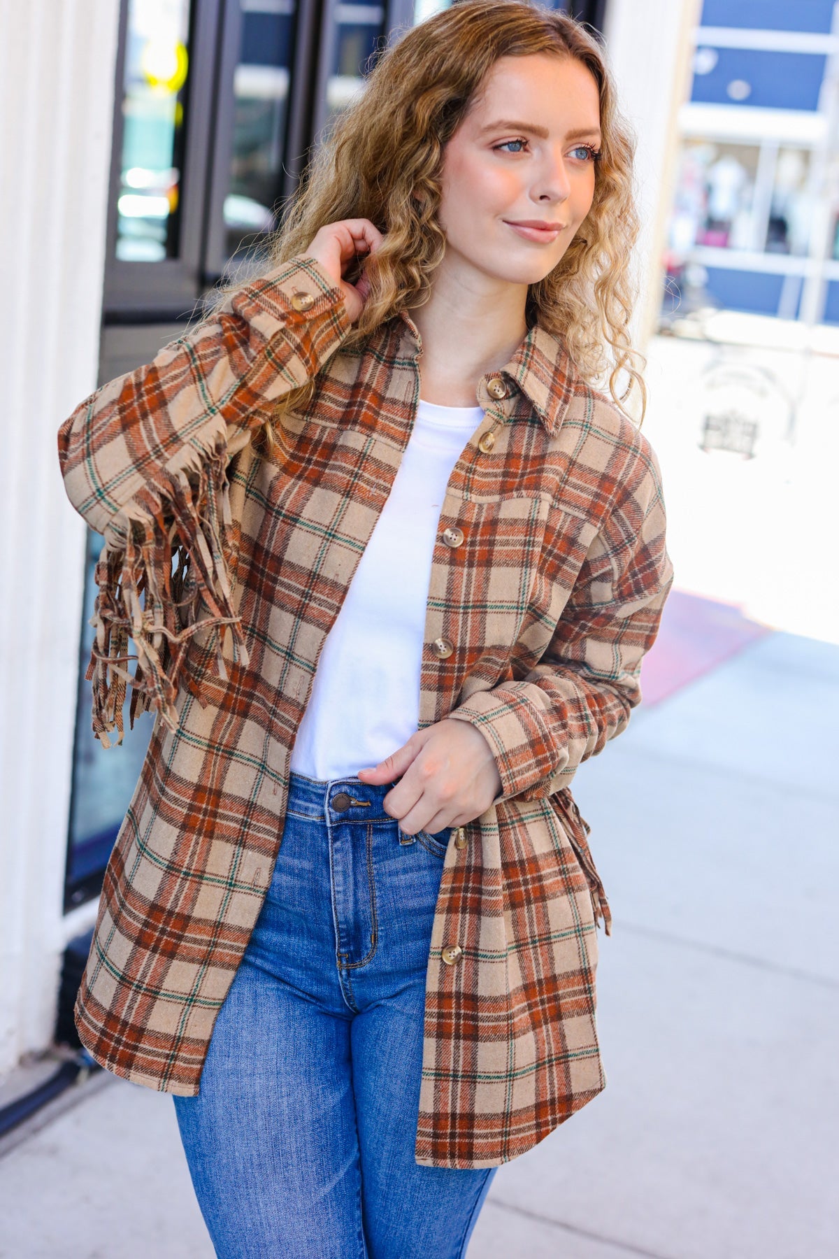 Stylish Taupe & Rust Flannel Plaid Fringe Jacket for Women - Cozy Fall Winter Layering Essential | Perfect for Outdoor Adventures, Casual Outings & Date Nights