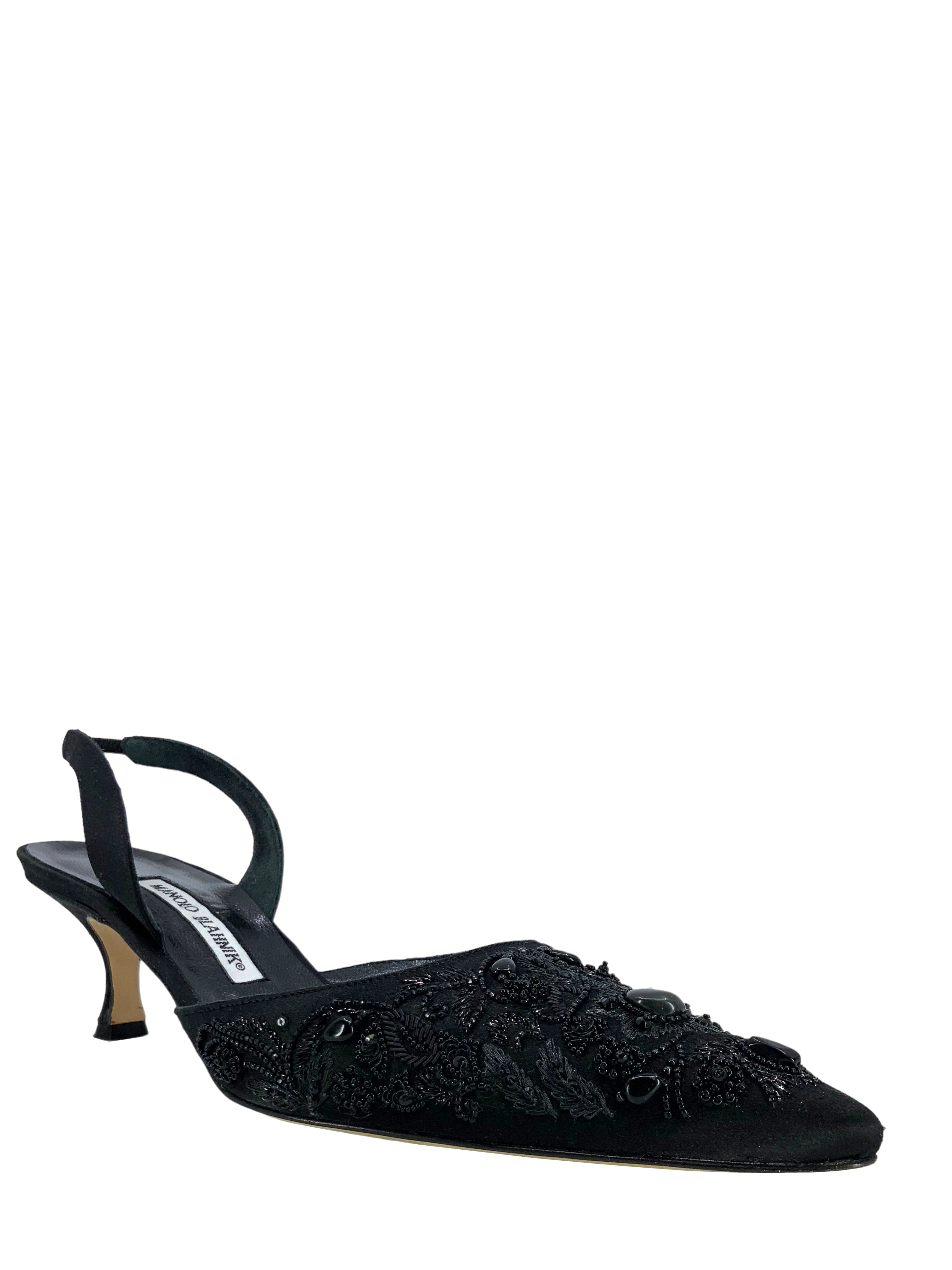 Manolo Blahnik Embellished Satin Slingback Pumps - Women's Size 10 Luxury Heels for Weddings, Parties & Special Occasions