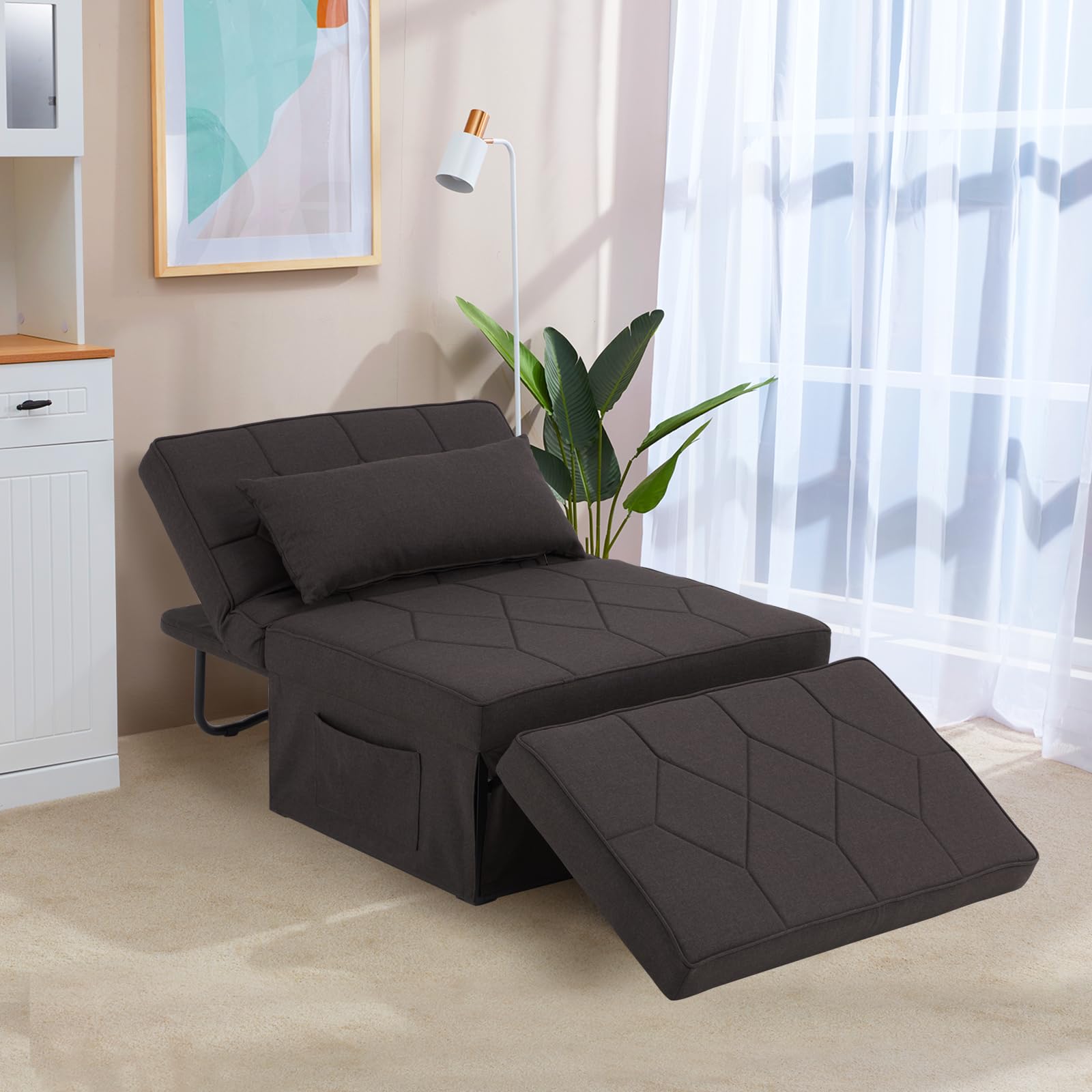 Upgraded 4-in-1 Multi-Functional Sleeper Chair Bed - Convertible Sofa Bed with Adjustable Backrest & Ottoman - No Installation Required - Perfect for Small Apartments, Living Rooms & Guest Rooms (Dark Brown) - Ideal for Lounging, Napping & Space-Saving Solutions