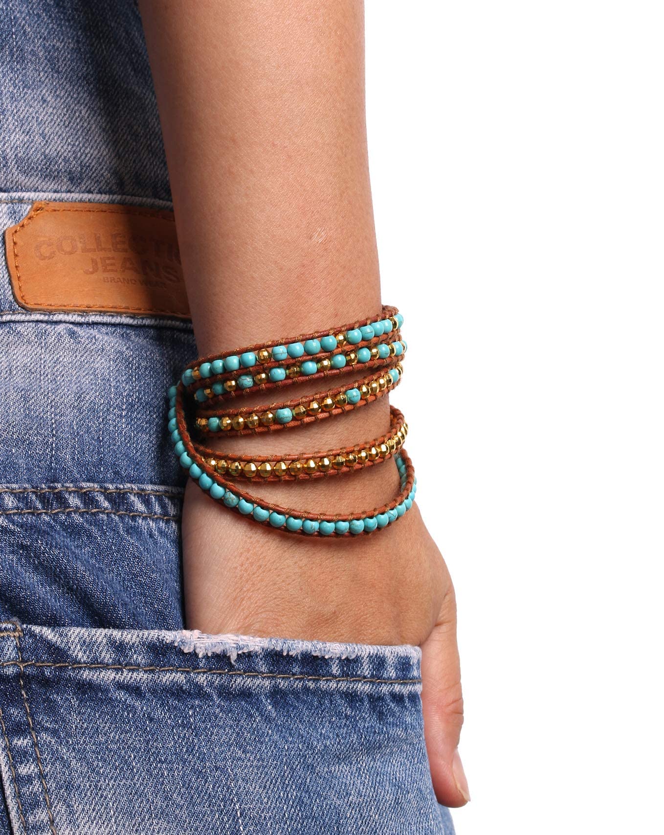 KELITCH Women's Turquoise Leather Wrap Bracelet - 5 Strand Bohemian Jewelry with Gold & Silver Beads for Casual & Festival Outfits | Perfect for Layering, Gift Giving & Boho Style Accessories