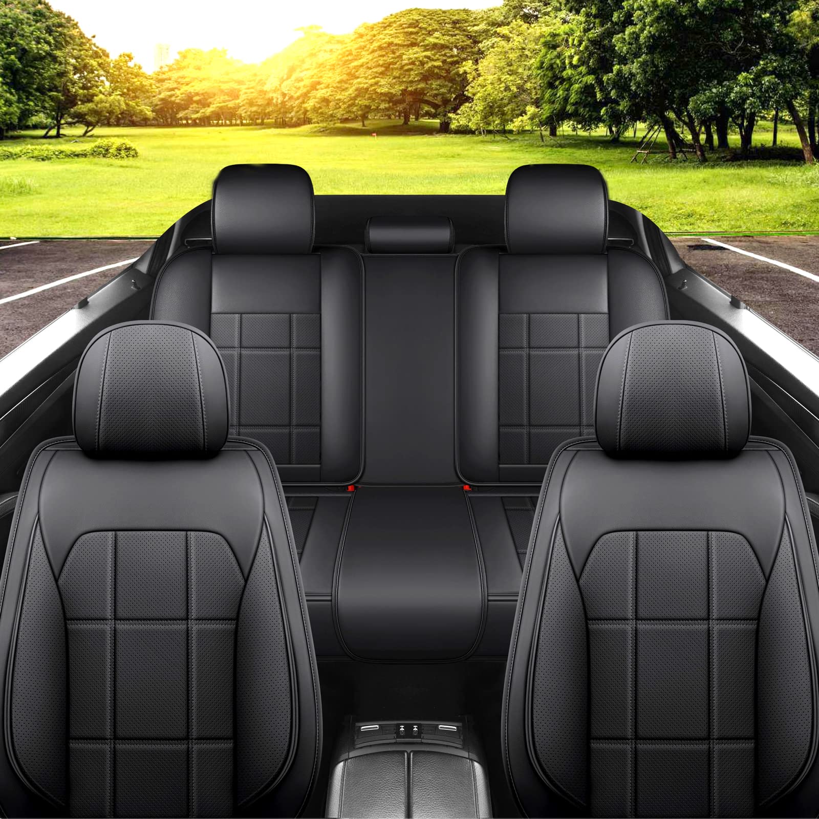 Premium Leather Front Car Seat Covers Full Set - Universal Fit for Most Sedans, SUVs & Pickup Trucks | Breathable Auto Seat Protectors with Backrest (Square Black) | Ideal for Daily Commute, Road Trips & Vehicle Protection