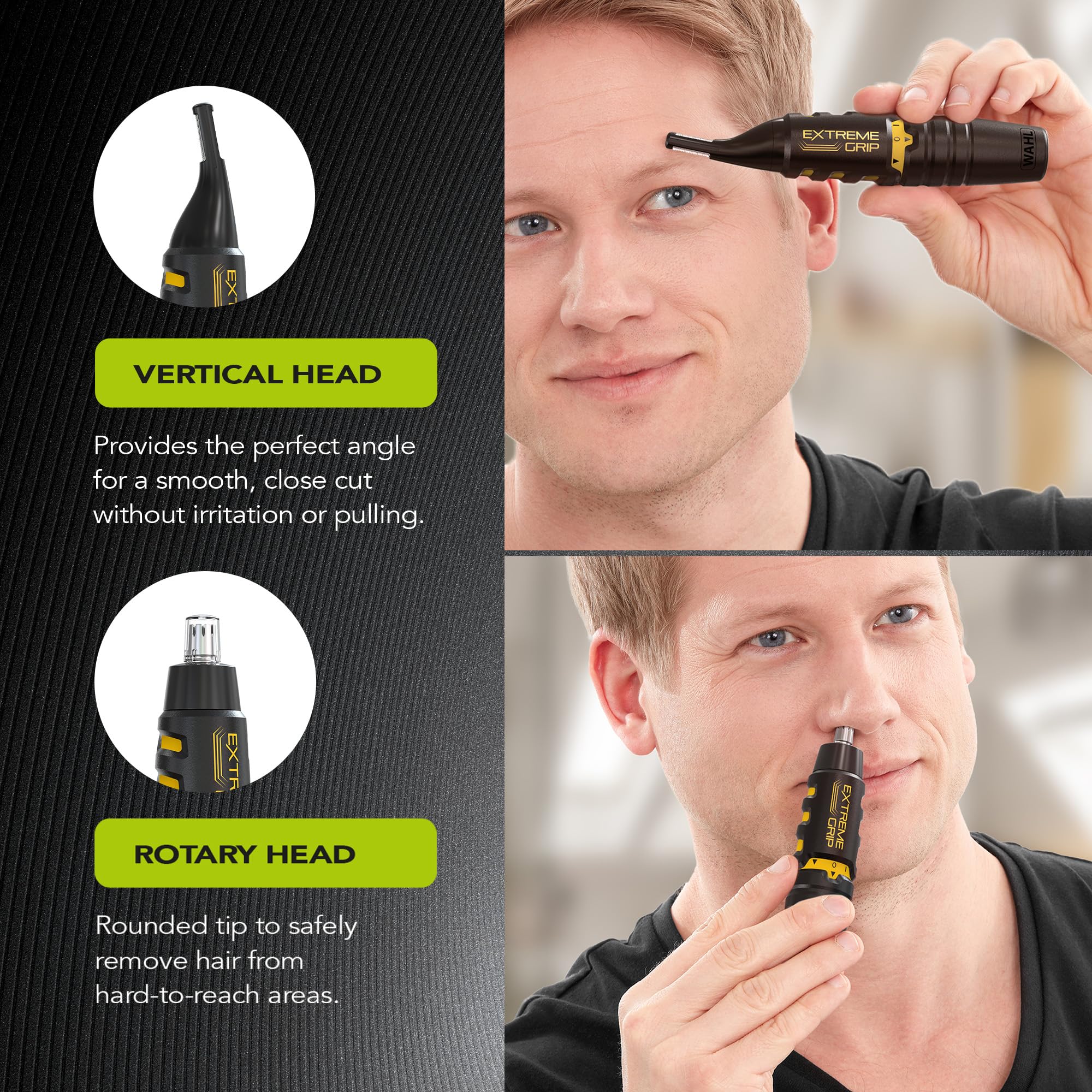 Wahl Extreme Grip Detail Trimmer for Men & Women - Painless Eyebrow, Nose & Ear Hair Trimmer with Washable Heads - Cordless 2-in-1 Battery Operated Personal Grooming Kit for Home & Travel Use