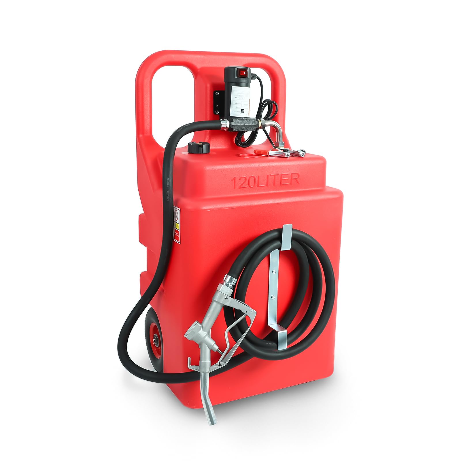 EASYBERG 32 Gallon (120 Liter) Portable Diesel Fuel Tank with 12V Pump - Heavy Duty Top Handle, Sturdy Wheels & 13ft Hose (10 GPM Flow Rate) - Ideal for Construction Sites, Farm Equipment & Emergency Fuel Storage