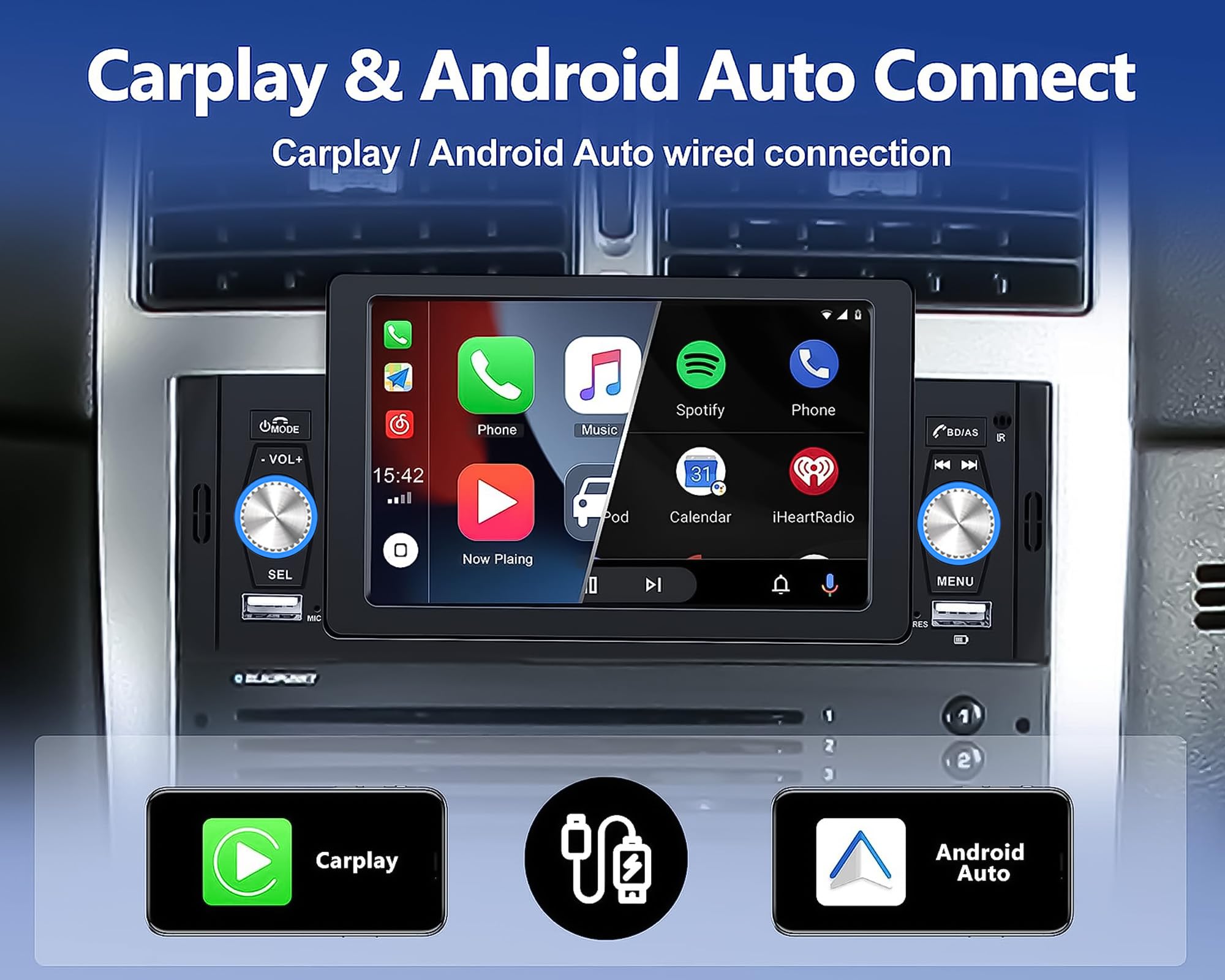 CMECHO 5 Inch Single Din Car Stereo with Apple CarPlay & Android Auto - Bluetooth 4.0, FM Radio, Mirror Link, USB Input, Fast Charging, Reverse Camera, Remote Control & Microphone - Perfect for Hands-Free Driving & Entertainment