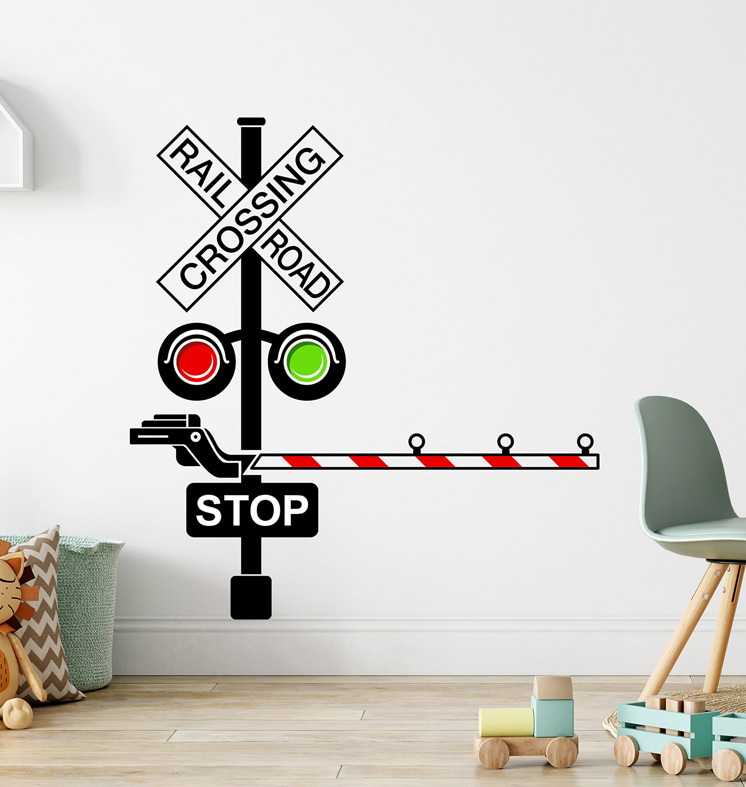 Decalzone Railroad Train Crossing Lights Wall Decal - Kids Nursery Room Decor - Vinyl Train Wall Art Sticker (20W x 22H inches) for Boys' Bedroom, Playroom & Classroom Decorations