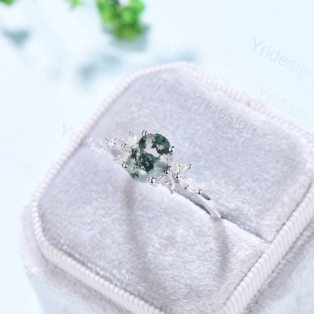 1.5CT Oval Natural Moss Agate Engagement Ring with Diamond Accents | Vintage Art Deco Wedding Band | Green Crystal Anniversary Jewelry for Women | Perfect for Proposals, Weddings & Special Occasions