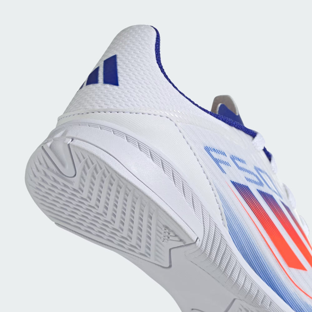 Adidas F50 League Junior Indoor Soccer Shoes for Kids - White/Solar Red/Lucid Blue - Perfect for Indoor Training & Youth Football Games