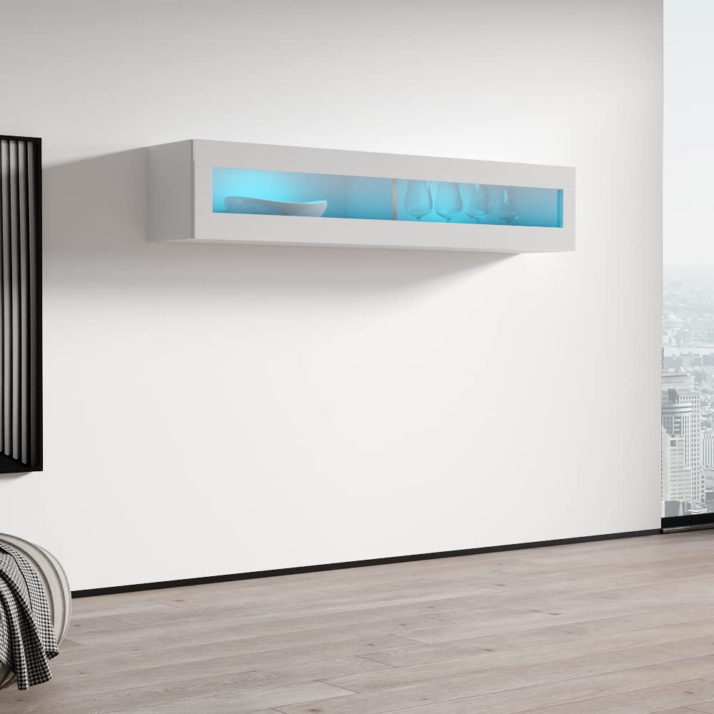 Modern Floating Media Cabinet - White High Gloss Wooden Wall-Mounted TV Stand with LED Lights for Living Room, Bedroom & Home Theater Storage