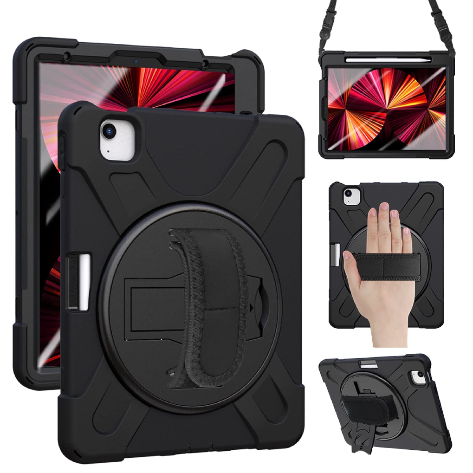 ZenRich iPad Air 5th/4th Generation Case 2022 - Shockproof Protective Cover with Pencil Holder, Stand & Adjustable Hand Strap for iPad 10.9