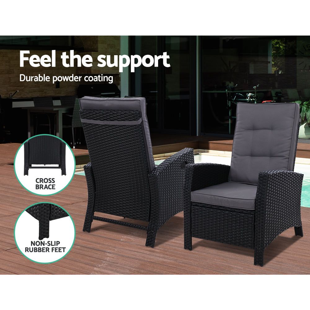 Outdoor Wicker Sun Lounge Recliner Chair with Cushion - Patio Garden Daybed Sofa & Ottoman Set in Black - Perfect for Poolside Relaxation, Backyard Lounging, and Sunbathing