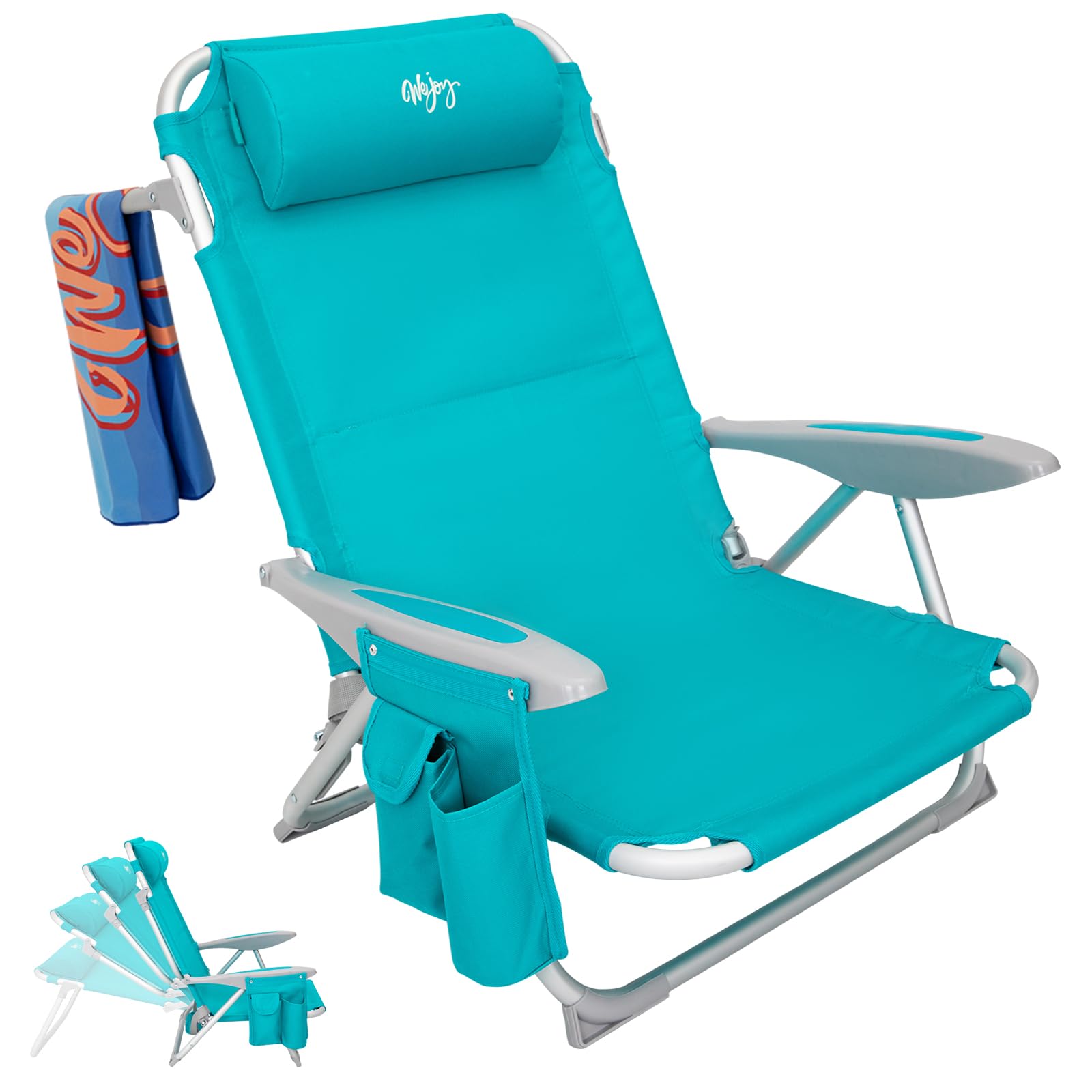 WEJOY 4-Position Aluminum Folding Beach Chair for Adults - Lightweight Low Sand Chair with Shoulder Strap, Cup Holder & Padded Headrest - Supports 265lbs - Perfect for Beach, Lawn, Camping & Outdoor Relaxation (Cyan Pattern)