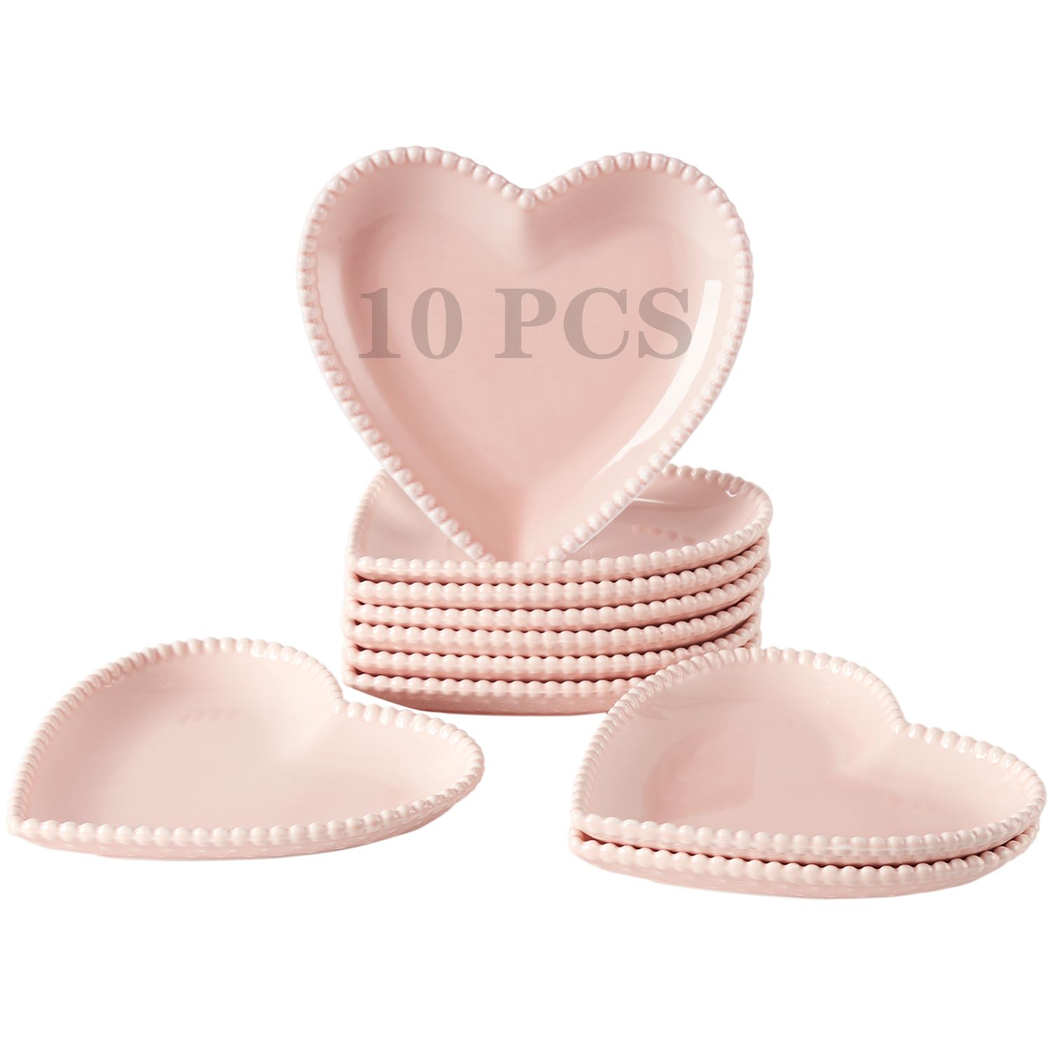 OMAYKEY 10-Pack 6.3 Inch Heart-Shaped Ceramic Plates - Microwave, Oven & Dishwasher Safe Dessert, Salad & Appetizer Plates for Cake, Snack, Ice Cream - Elegant Pink Porcelain Dinnerware Set for Parties, Romantic Dinners & Home Decor