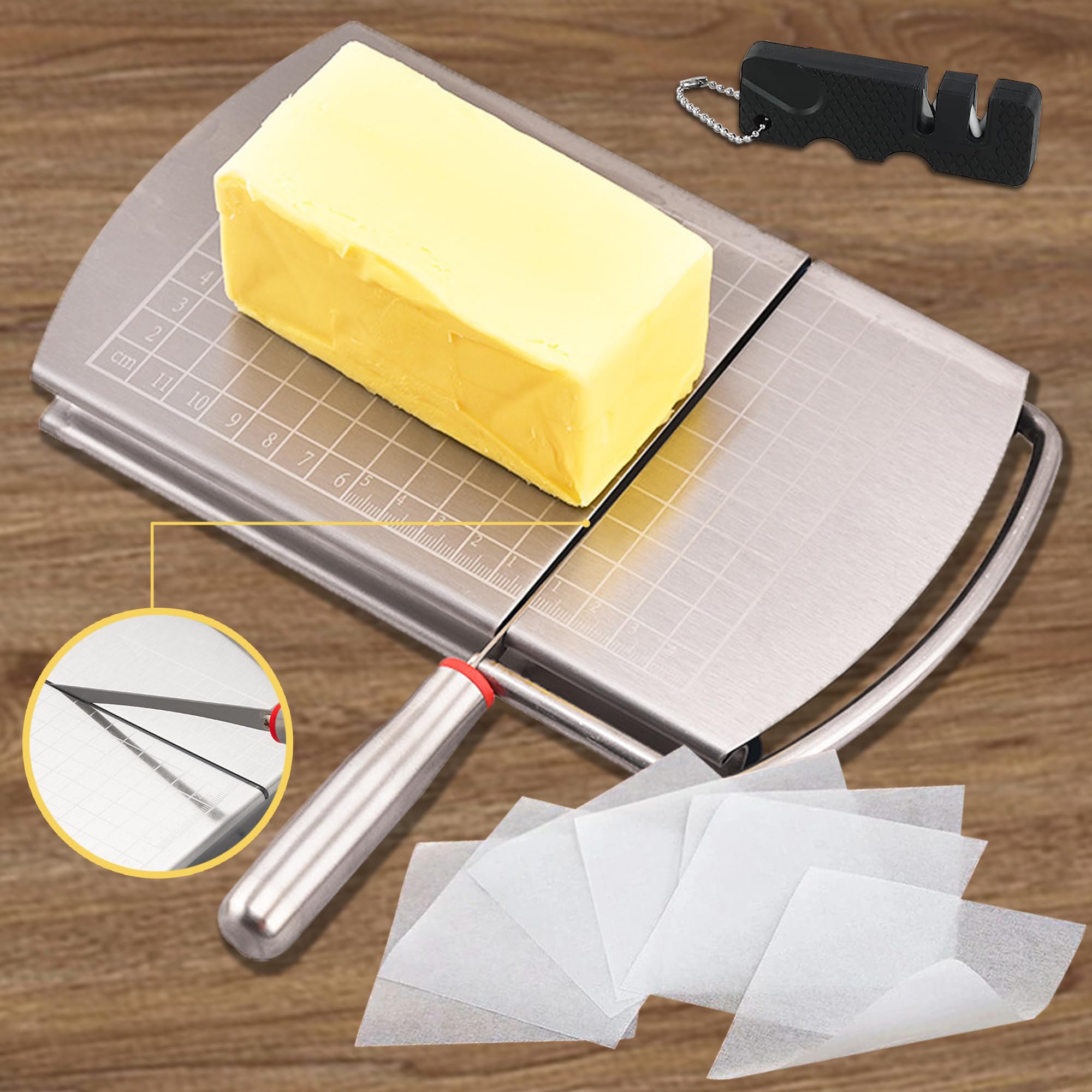 Premium Stainless Steel Cheese Slicer with Blade - Heavy Duty Cheese Cutter for Block Cheese, Butter, Vegetables & Sausage - Precise Size Scale for Perfect Slices - Ideal for Kitchens, Delis, Charcuterie Boards & Food Prep