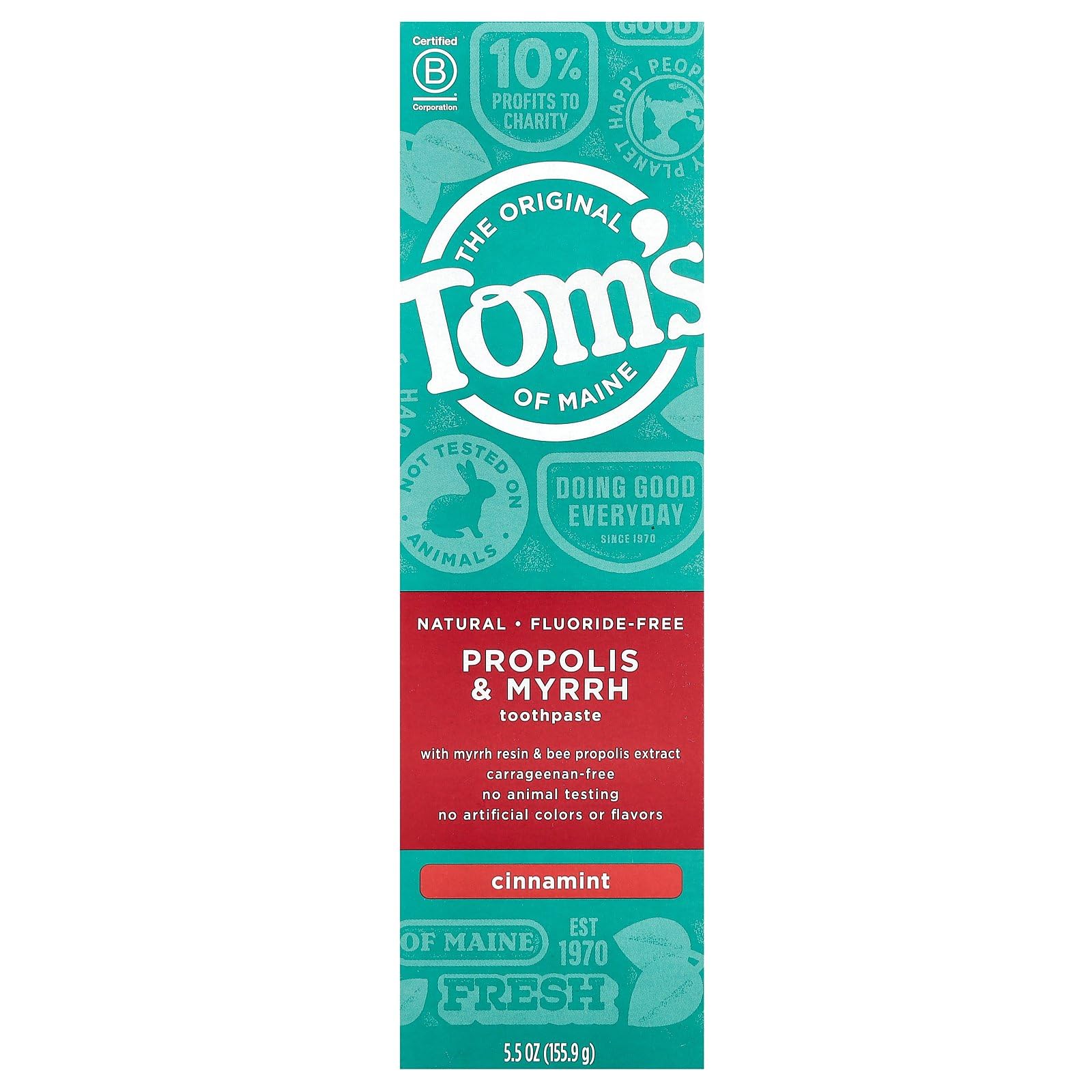 Tom's of Maine Propolis & Myrrh Natural Fluoride-Free Toothpaste - Cinnamint Flavor, 5.5 oz | Gentle Whitening & Fresh Breath for Sensitive Teeth | Perfect for Daily Oral Care & Travel