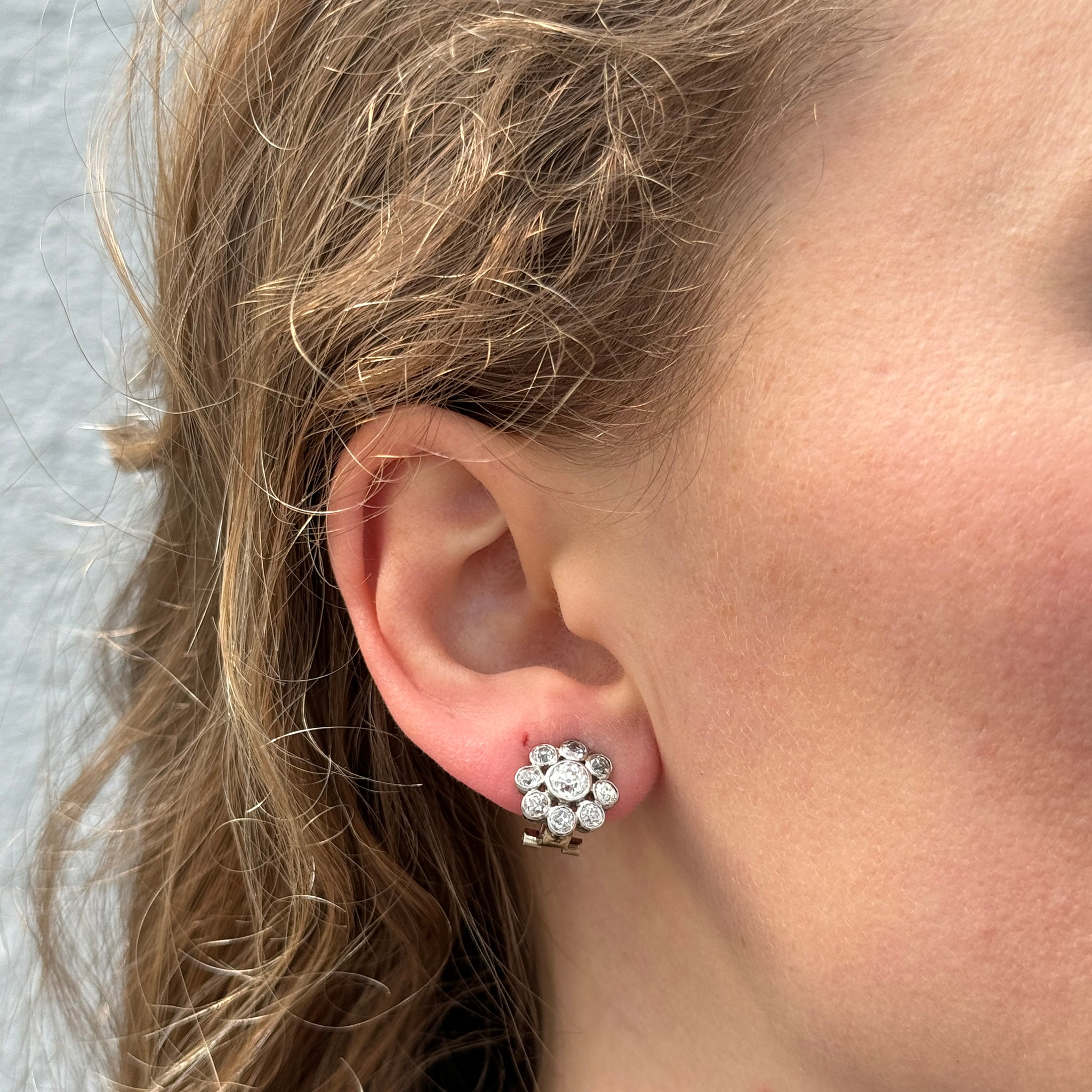 Vintage 1.98ctw Diamond Flower Clip-On Earrings in Platinum & 18K Gold - Elegant Wedding, Anniversary & Special Occasion Jewelry Gift