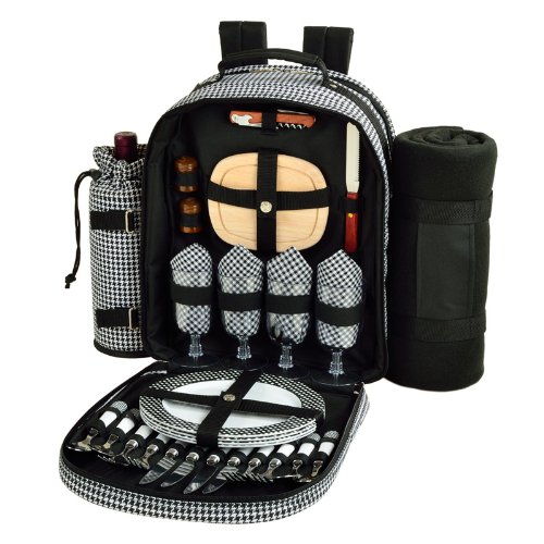 4 Person Picnic Backpack with Blanket - Complete Outdoor Picnic Set for Camping, Hiking & Beach (Houndstooth Pattern) - Perfect for Family Outings and Romantic Dates