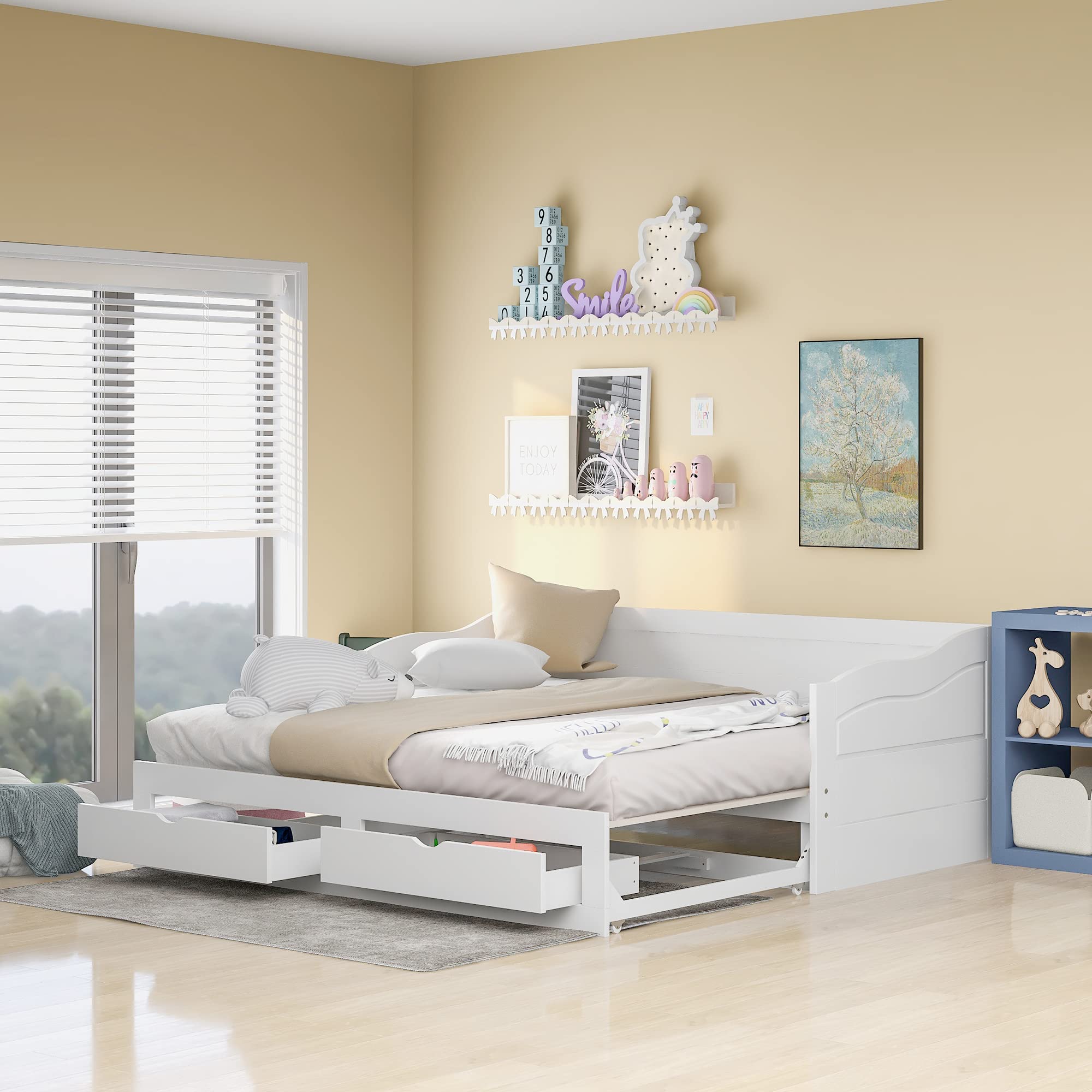 Extendable Twin Daybed with Trundle and Storage Drawers - White Wooden Sofa Bed Frame (No Box Spring Needed) - Perfect for Guest Rooms, Small Spaces & Dorm Rooms