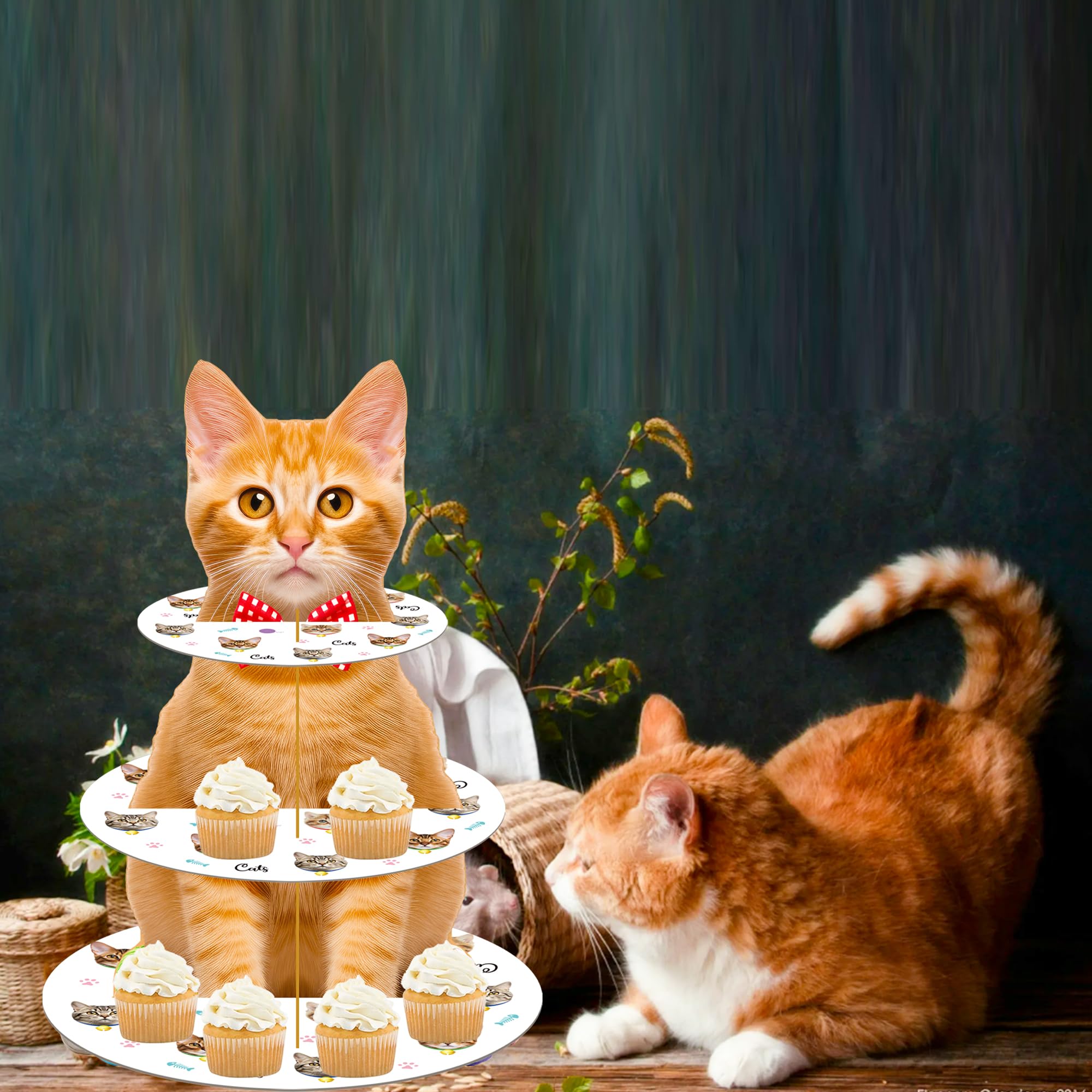 Orange Cat Cupcake Stand - 3 Tier Kitten Theme Dessert Tower for Cat Birthday Party Decorations | Perfect for Cat Lover Parties, Birthday Dessert Displays & Themed Celebrations