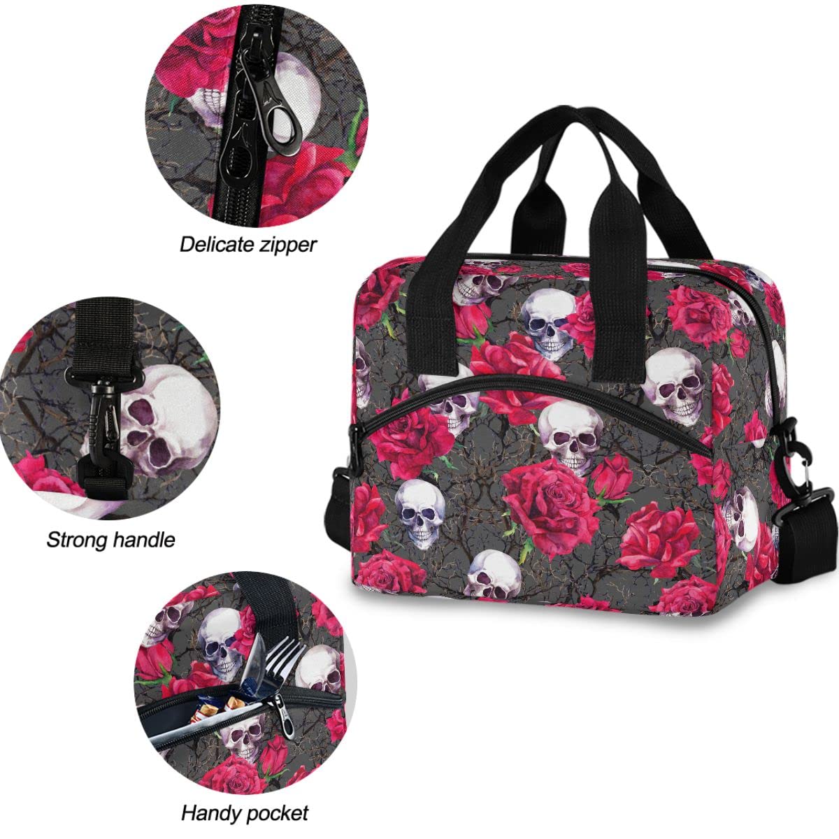 Insulated Lunch Bag with Skulls & Rose Design - Reusable Leakproof Cooler Tote for Women & Men - Perfect for Work, School, Picnics & Outdoor Activities