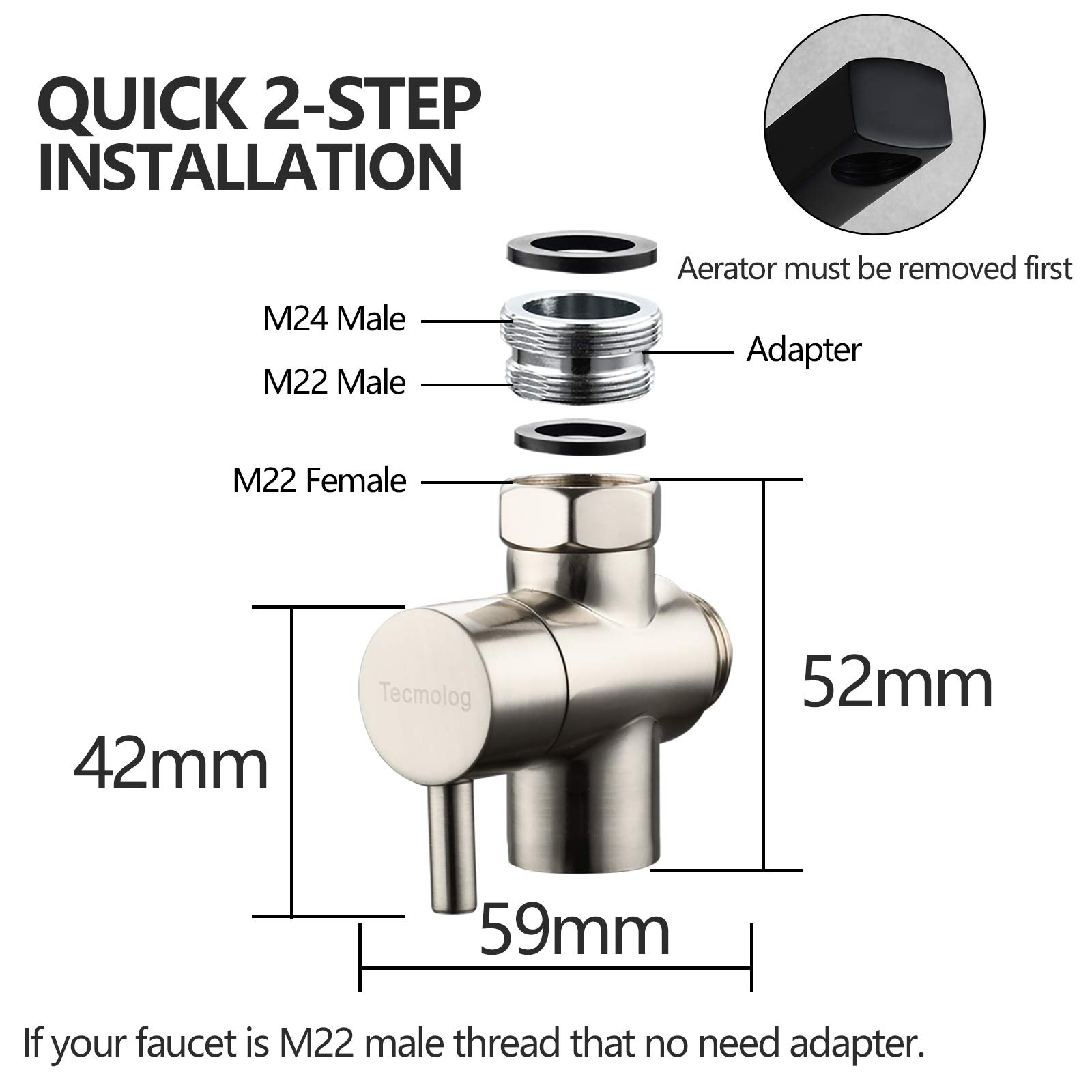 Brass Faucet Valve Splitter - M22 to M24 Sink Hose Connector, Brushed Nickel Diverter for Kitchen & Bathroom | Perfect for Dual Sink Use, Outdoor Faucet Extension & RV Water Hookup
