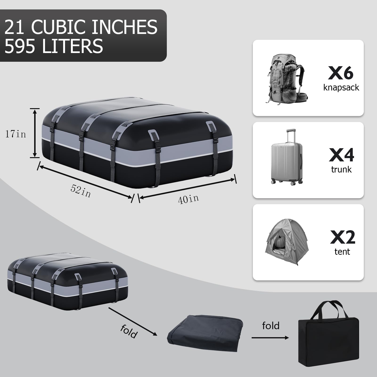 Waterproof Soft Roof Top Cargo Bag Carrier for Cars, SUVs & Trucks - 21 Cubic Feet Storage with Anti-Slip Mat, Luggage Lock & Door Hooks | Perfect for Road Trips, Camping Gear & Extra Luggage (Gray-Black)